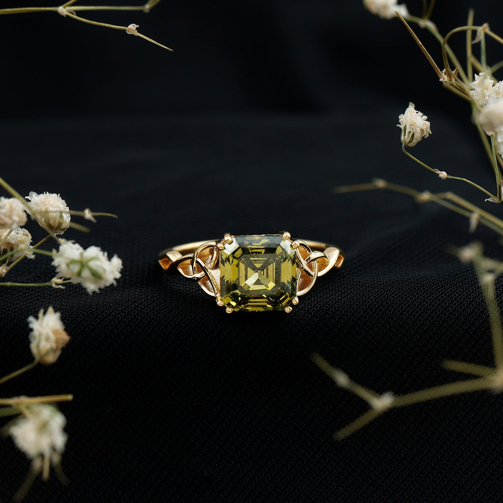Certified Asscher Cut Lab Grown Green Sapphire Solitaire Celtic Engagement Ring