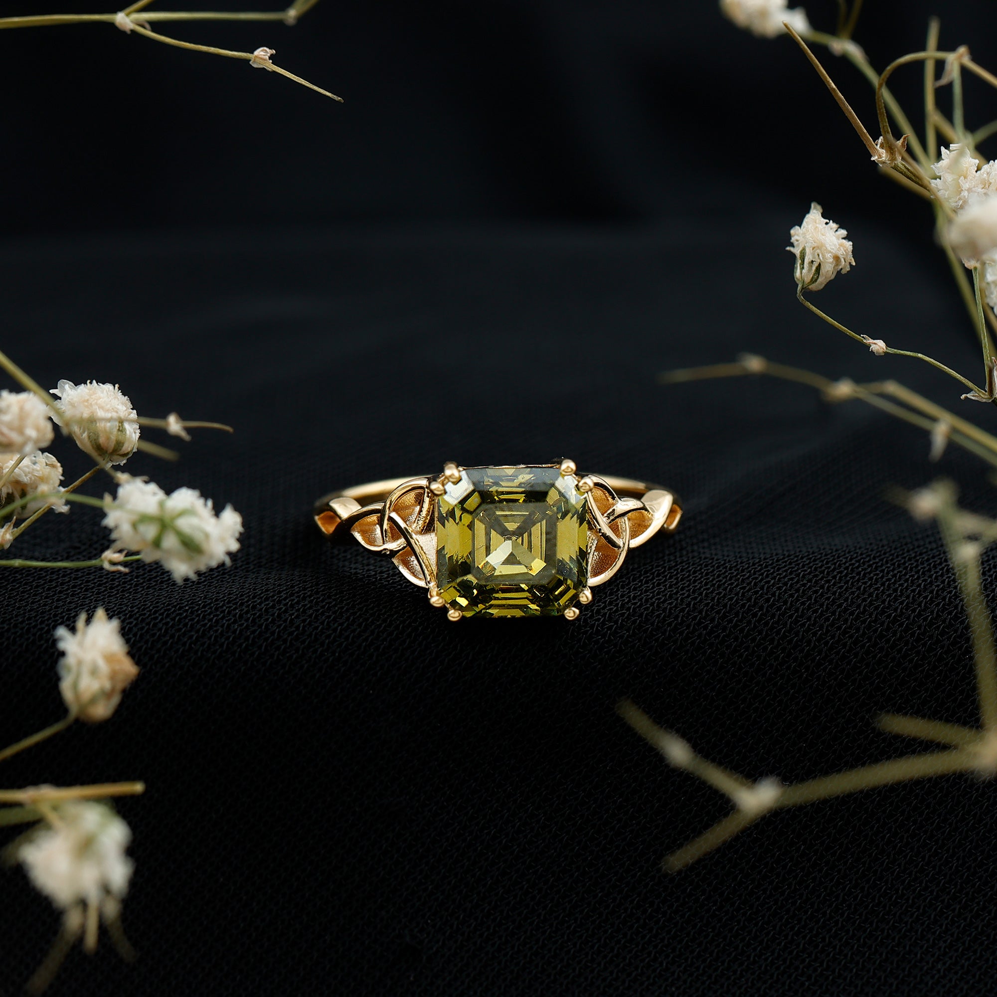 Certified Asscher Cut Lab Grown Green Sapphire Solitaire Celtic Engagement Ring