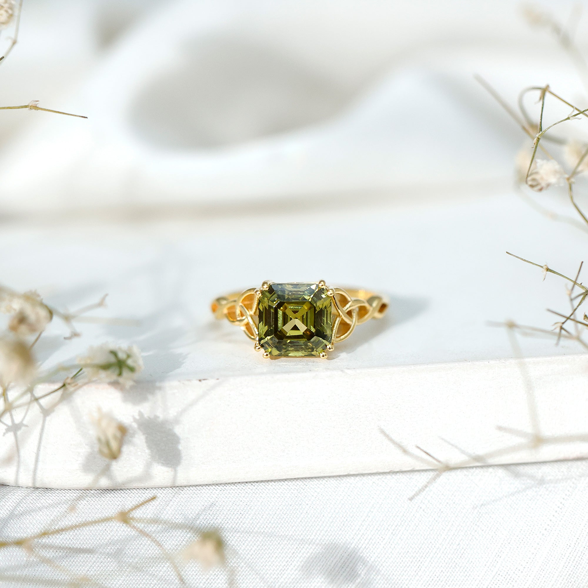 Certified Asscher Cut Lab Grown Green Sapphire Solitaire Celtic Engagement Ring
