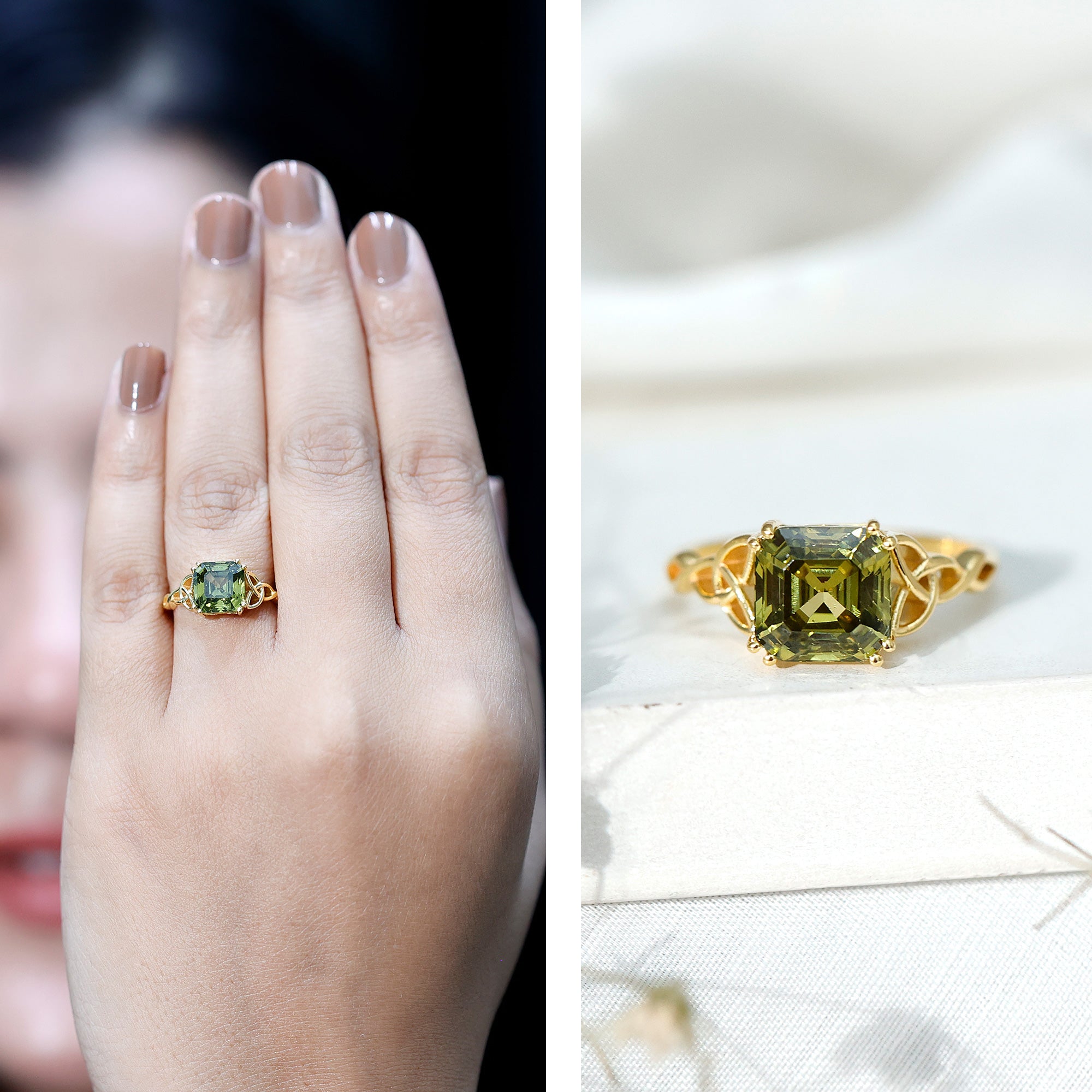 Certified Asscher Cut Lab Grown Green Sapphire Solitaire Celtic Engagement Ring