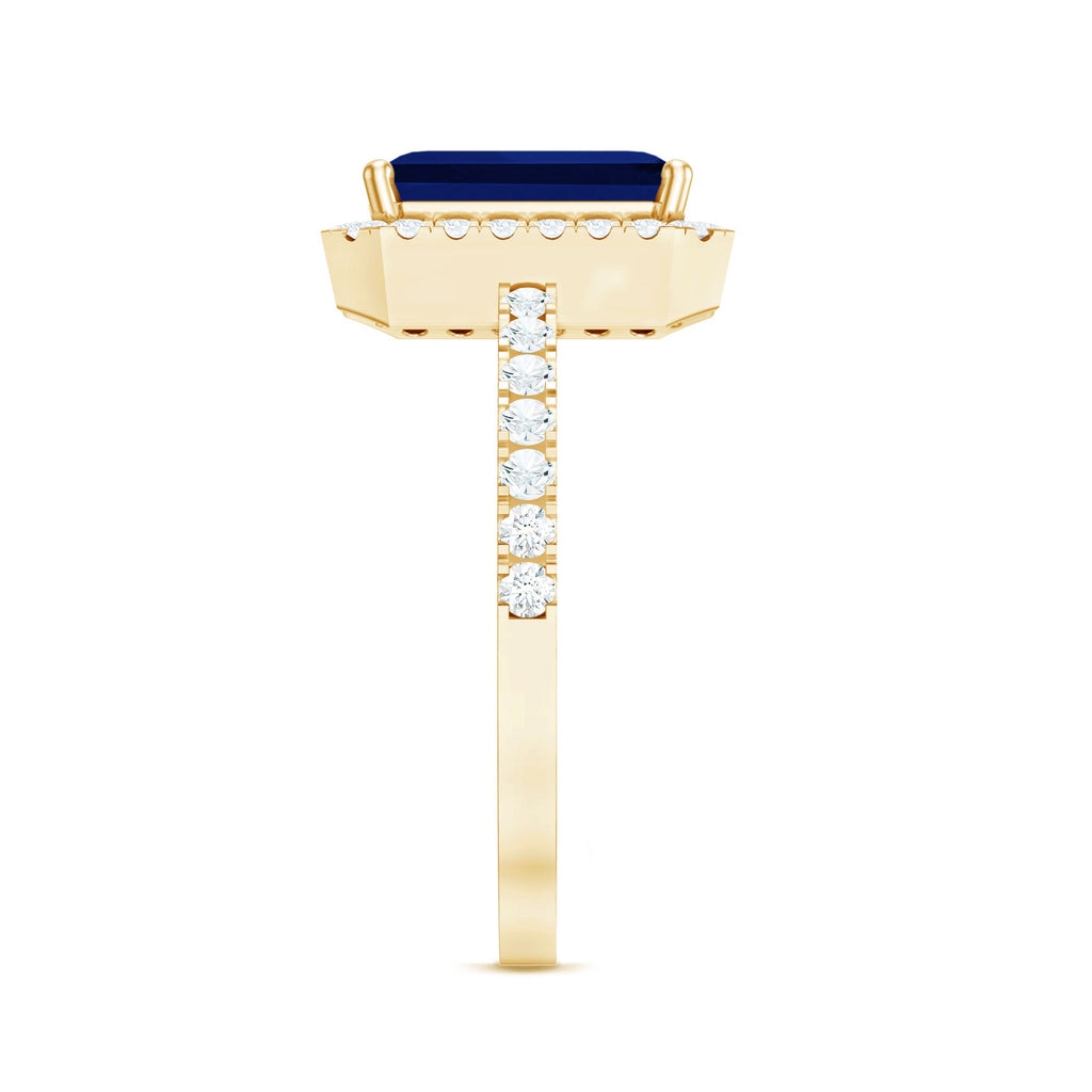 Certified 2.75 Carat Emerald Cut Lab Grown Blue Sapphire Engagement Ring with Diamond Halo