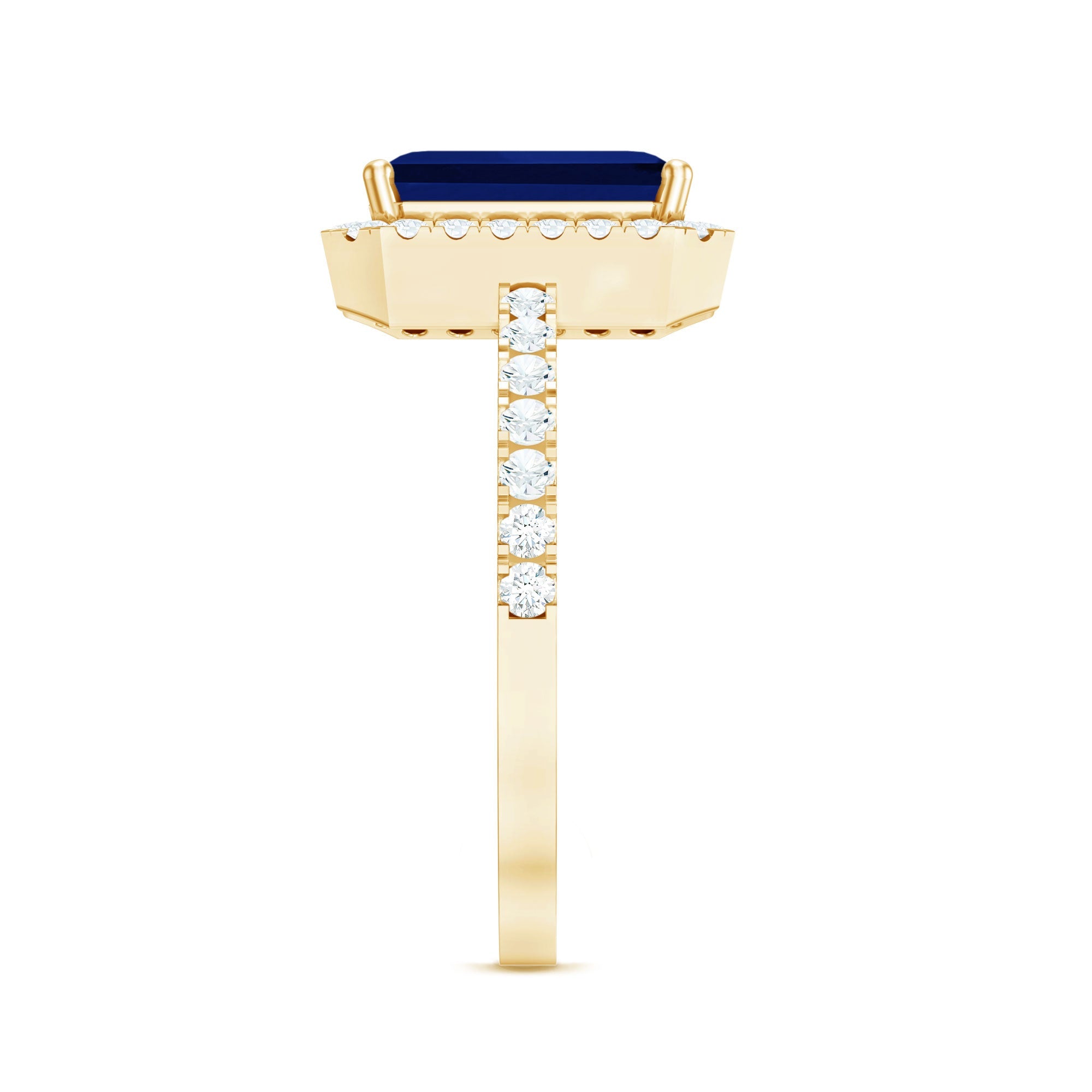 Certified 2.75 Carat Emerald Cut Lab Grown Blue Sapphire Engagement Ring with Diamond Halo