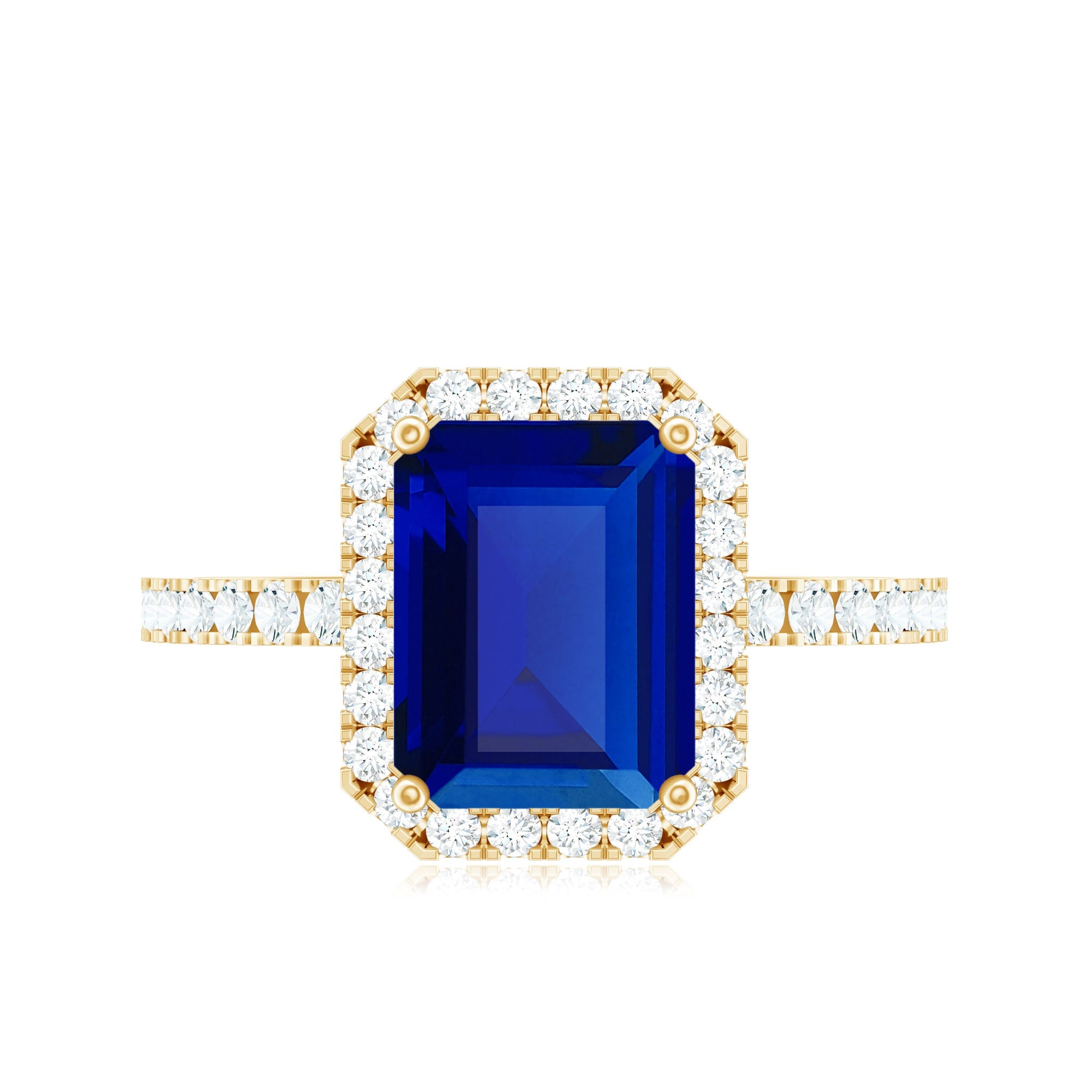 Certified 2.75 Carat Emerald Cut Lab Grown Blue Sapphire Engagement Ring with Diamond Halo