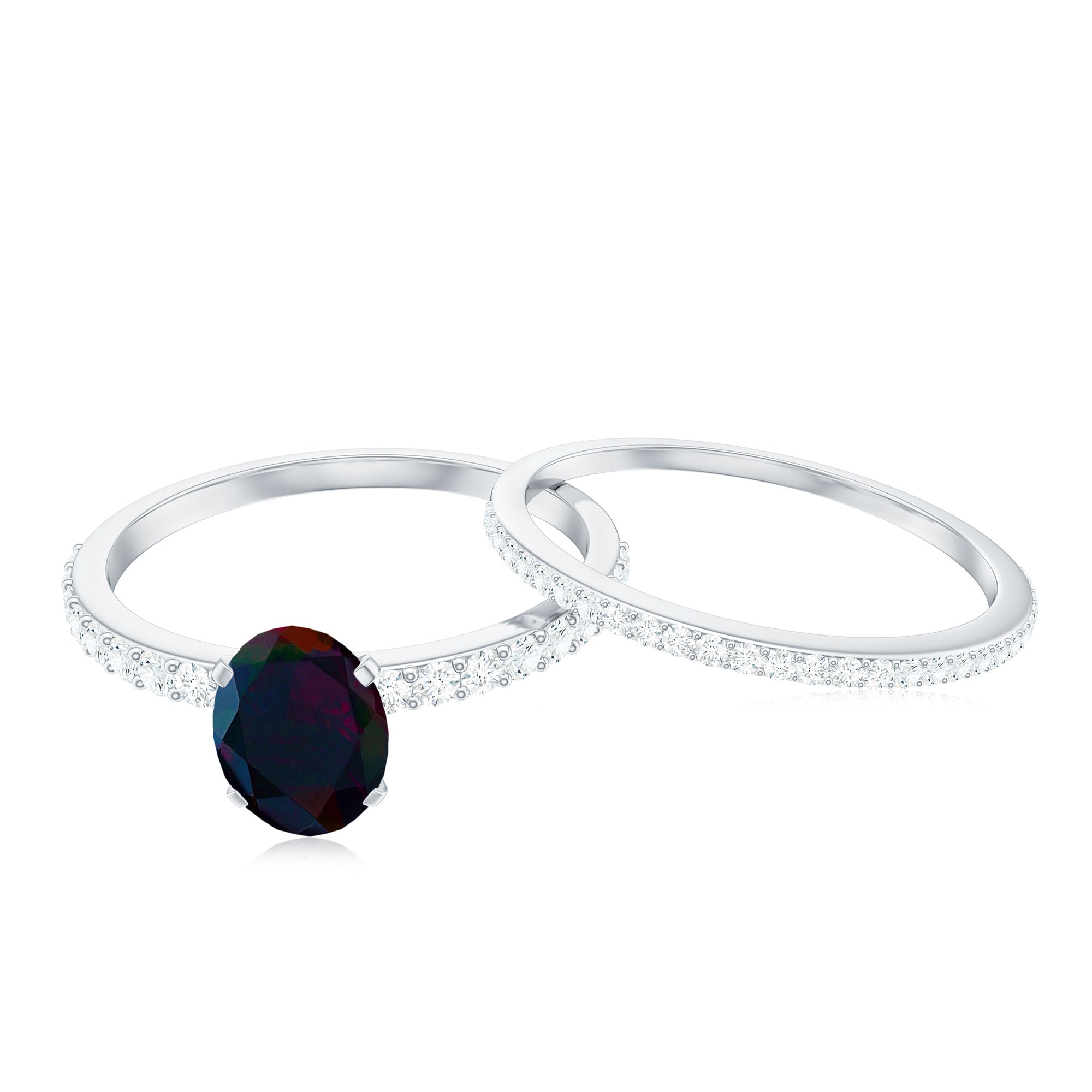 0.9 Carat Oval Cut Black Opal Wedding Ring Set With Diamond
