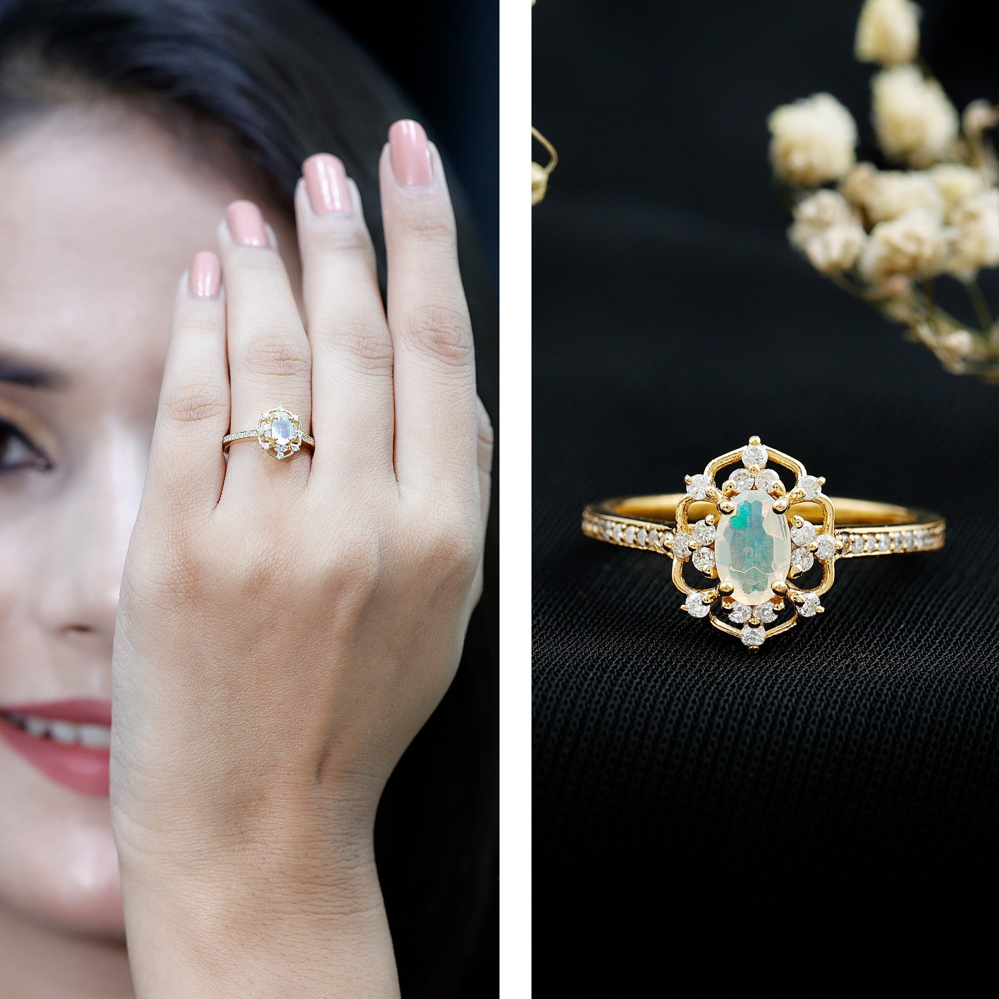Vintage Looking 0.50 Carat Ethiopian Opal Oval Engagement Ring with Diamond Accent