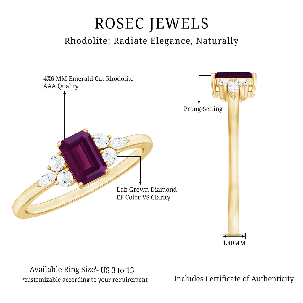 Certified Rhodolite Emerald Cut Engagement Ring with Diamond Trio