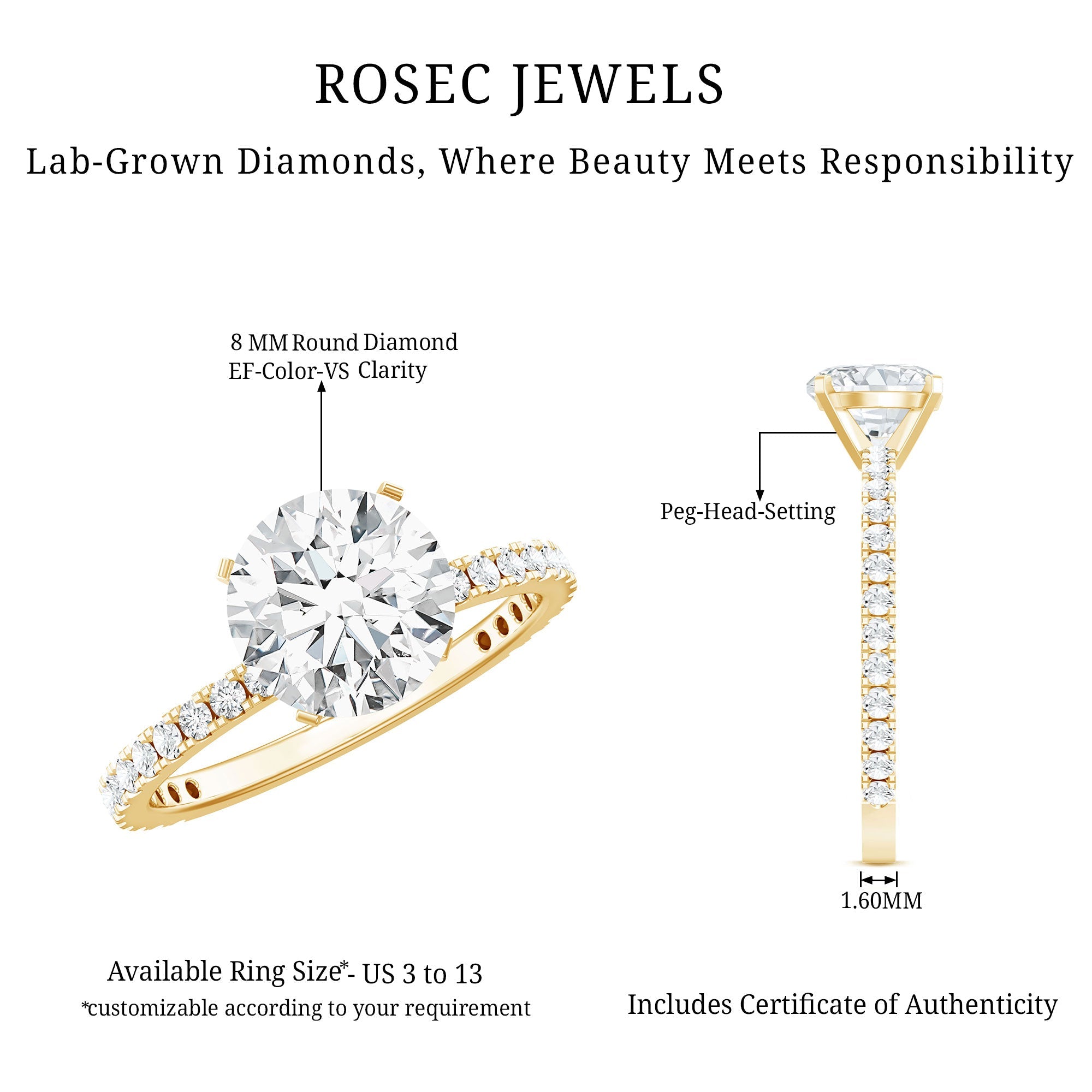 Brilliant Cut 8 MM Lab Grown Diamond Solitaire Engagement Ring