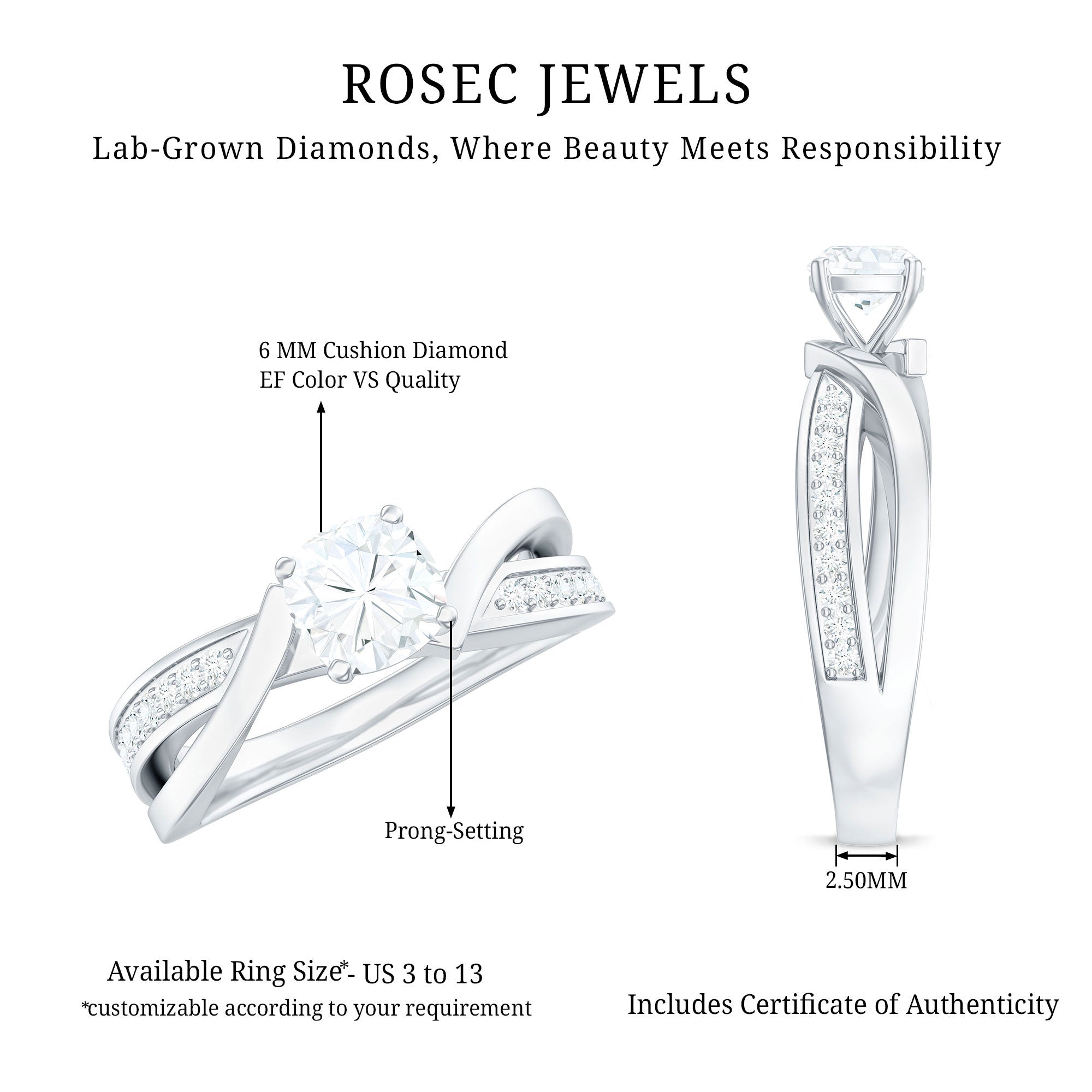Cushion Cut Diamond Infinity Solitaire Ring with Side Stones