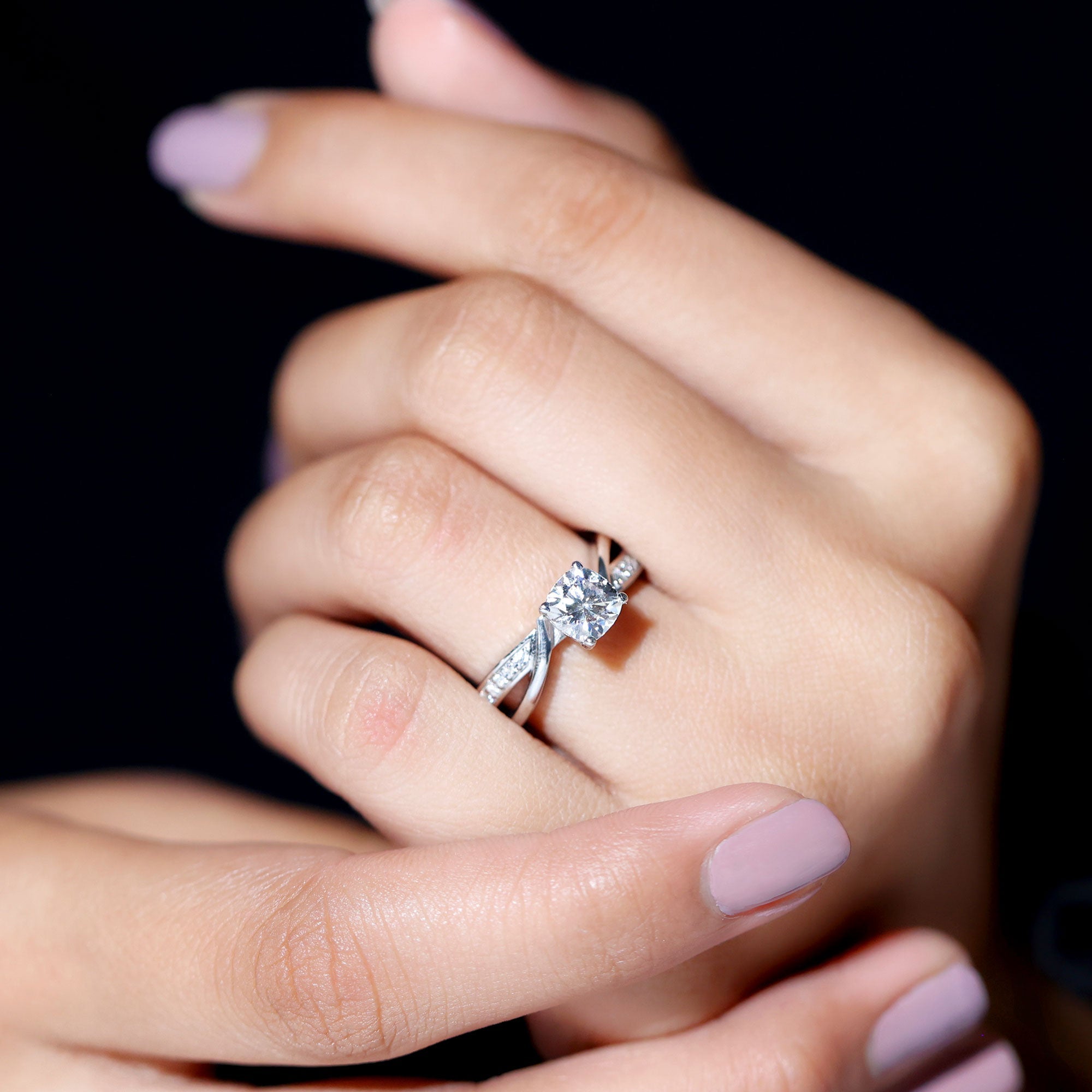 Cushion Cut Diamond Infinity Solitaire Ring with Side Stones