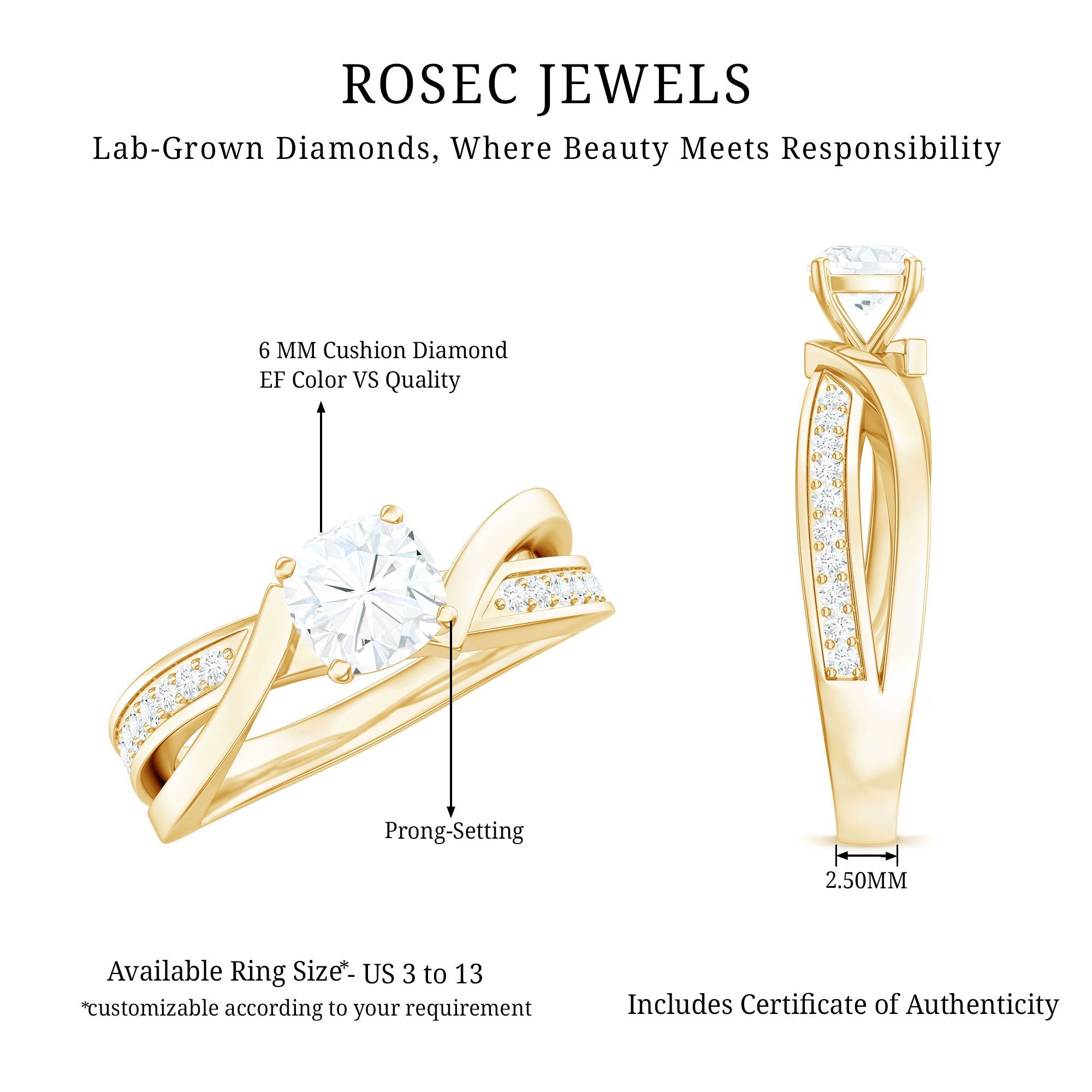 Cushion Cut Diamond Infinity Solitaire Ring with Side Stones