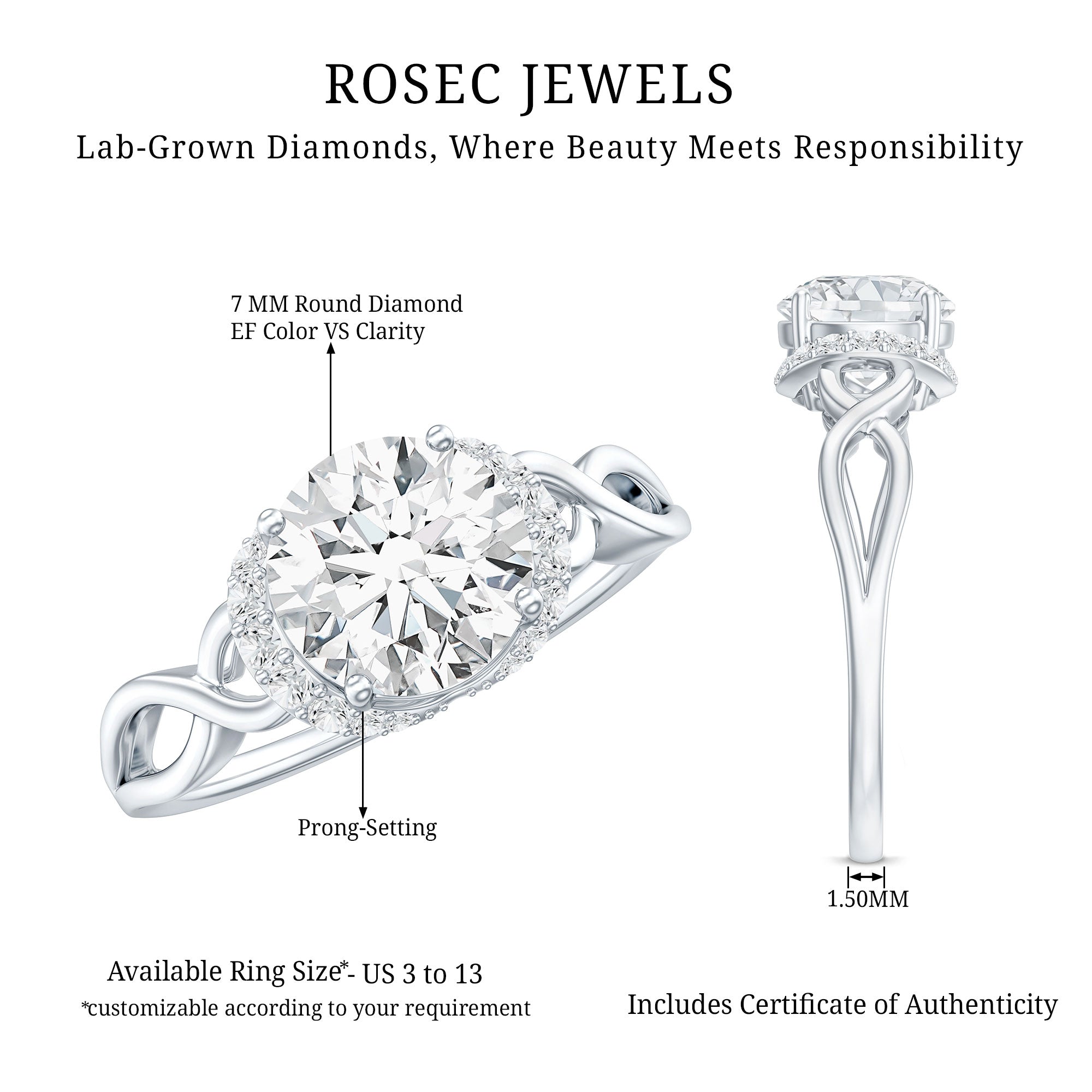 7 MM Round Lab Created Diamond Solitaire Infinity Ring for Her