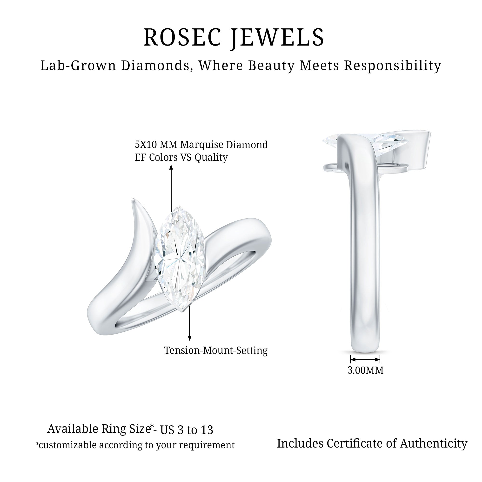 Lab Diamond 5X10 MM Marquise Engagement Ring in Tension Mount Setting