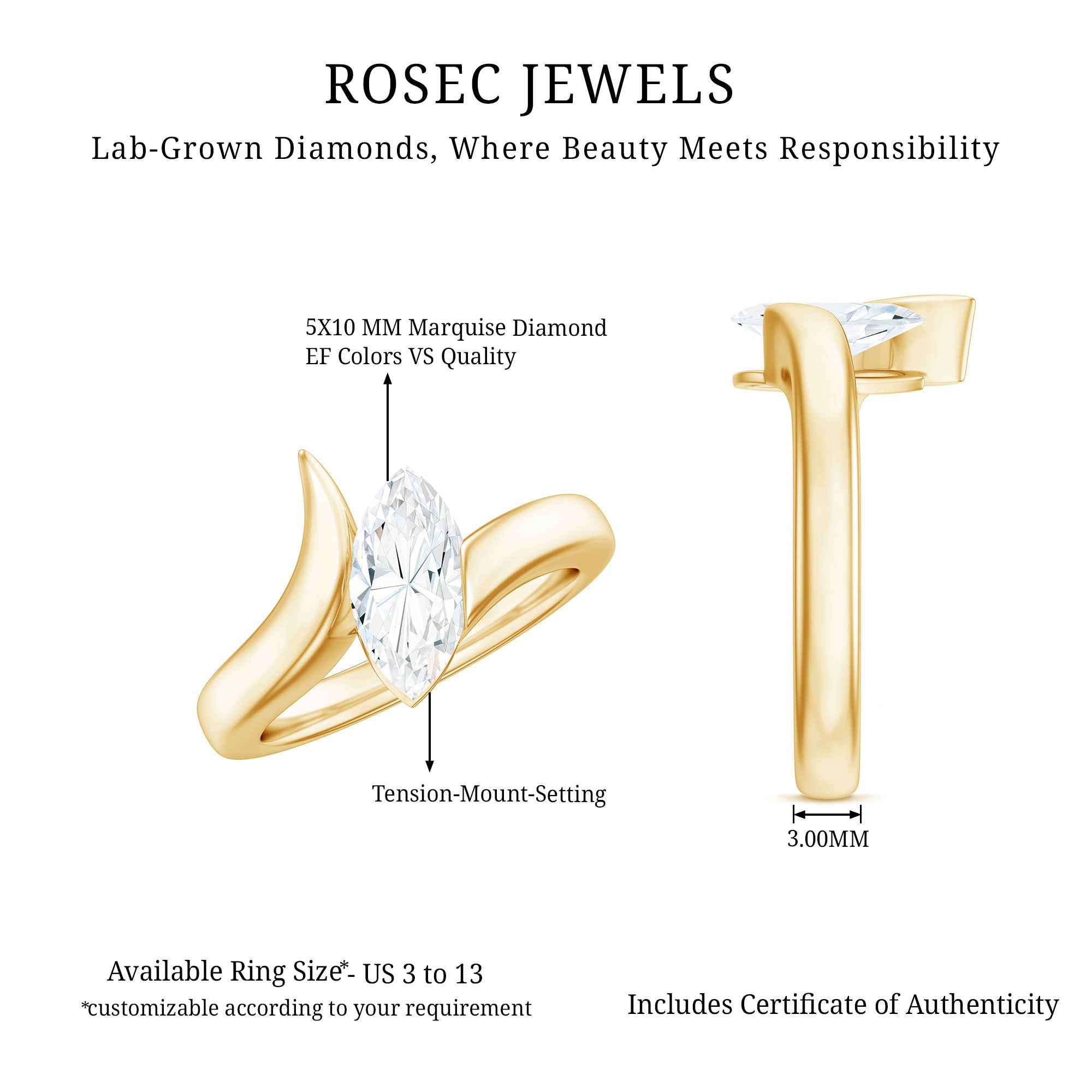 Lab Diamond 5X10 MM Marquise Engagement Ring in Tension Mount Setting