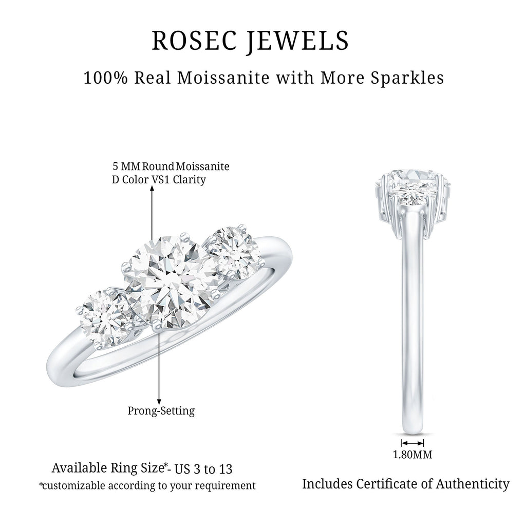 Round Cut Certified Moissanite Three Stone Engagement Ring for Women