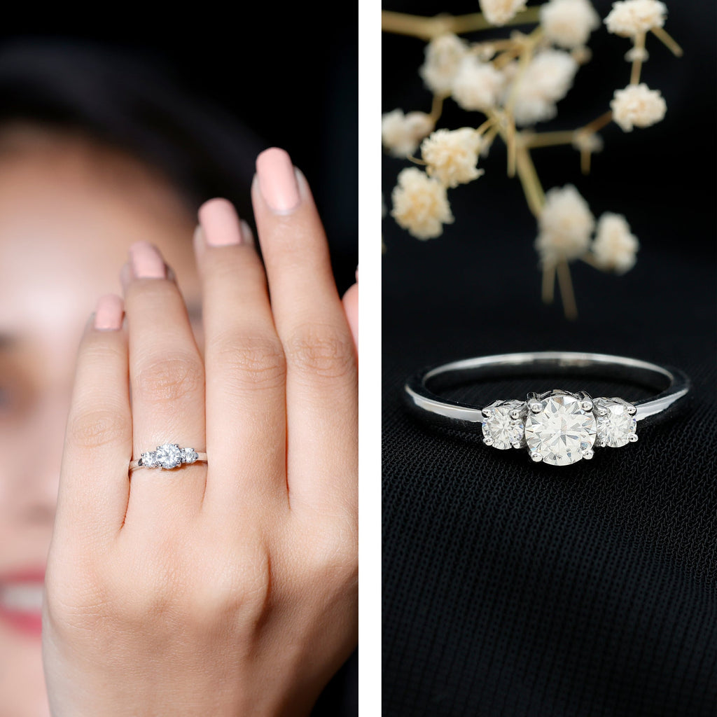 Round Cut Certified Moissanite Three Stone Engagement Ring for Women