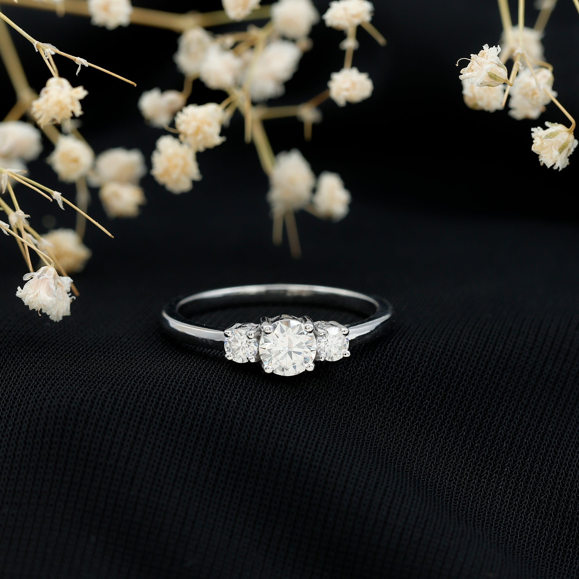 Round Cut Certified Moissanite Three Stone Engagement Ring for Women