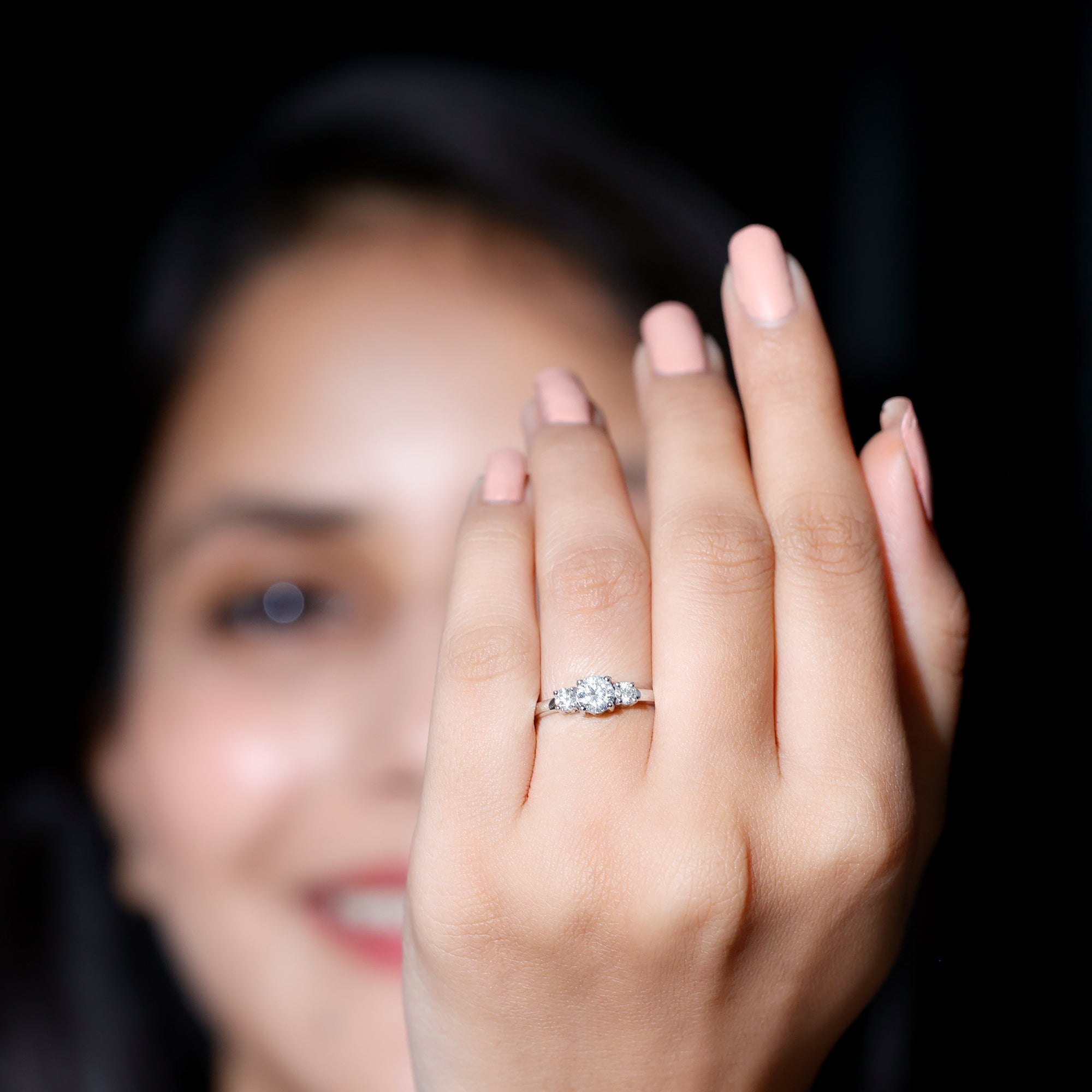 Round Cut Certified Moissanite Three Stone Engagement Ring for Women