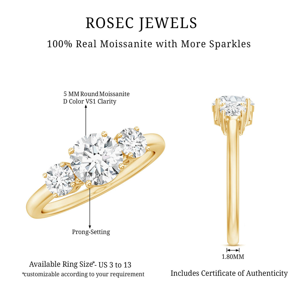 Round Cut Certified Moissanite Three Stone Engagement Ring for Women