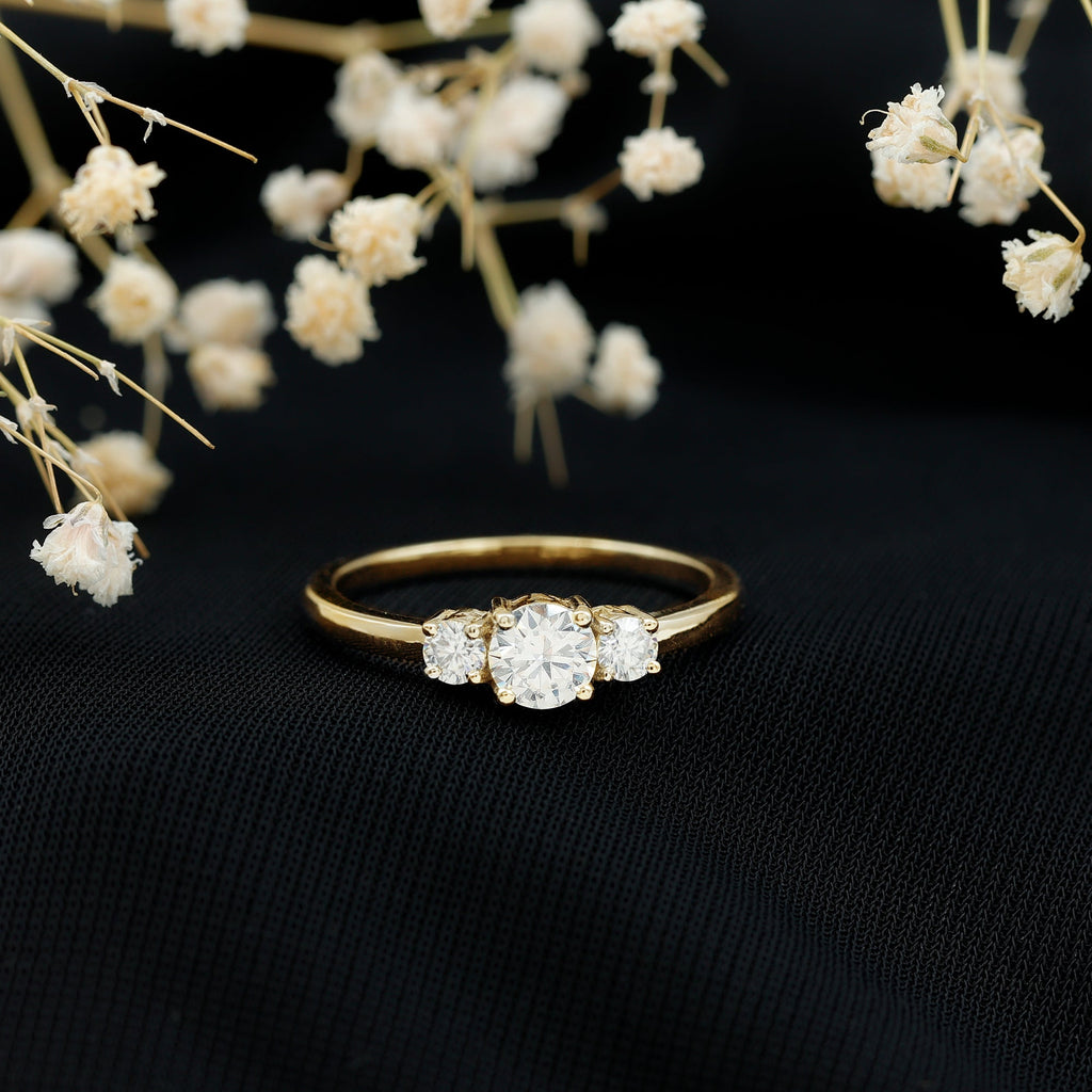 Round Cut Certified Moissanite Three Stone Engagement Ring for Women