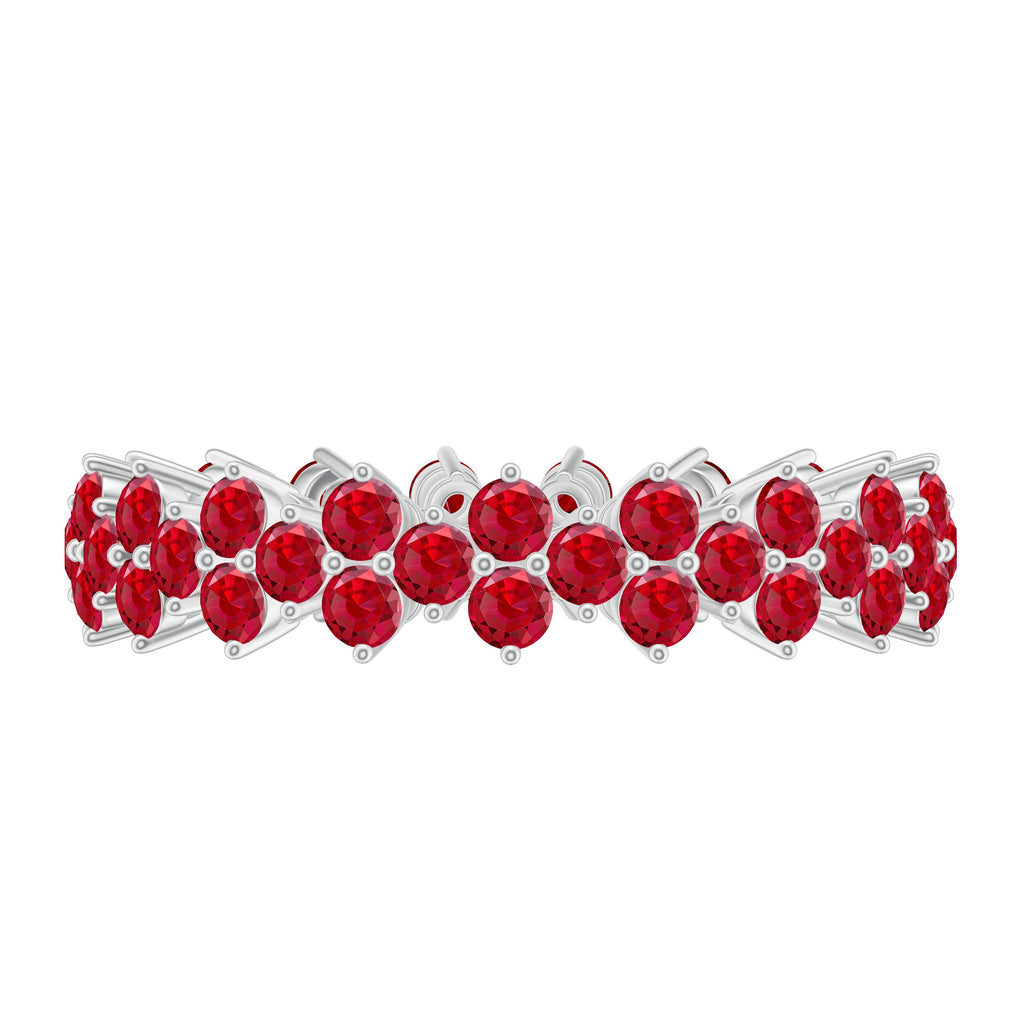 Round Lab Created Ruby Cluster Eternity Ring in Prong Setting