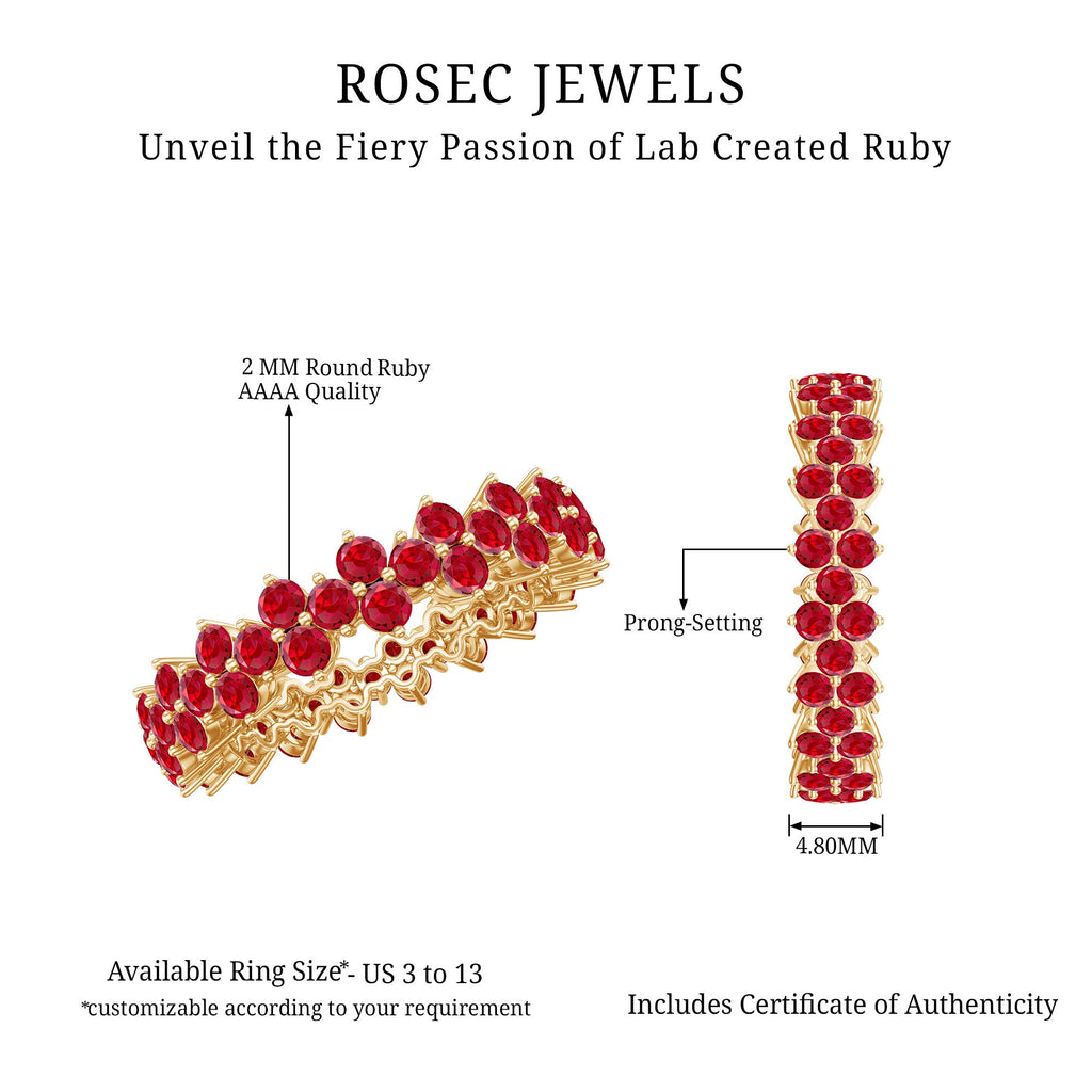 Round Lab Created Ruby Cluster Eternity Ring in Prong Setting
