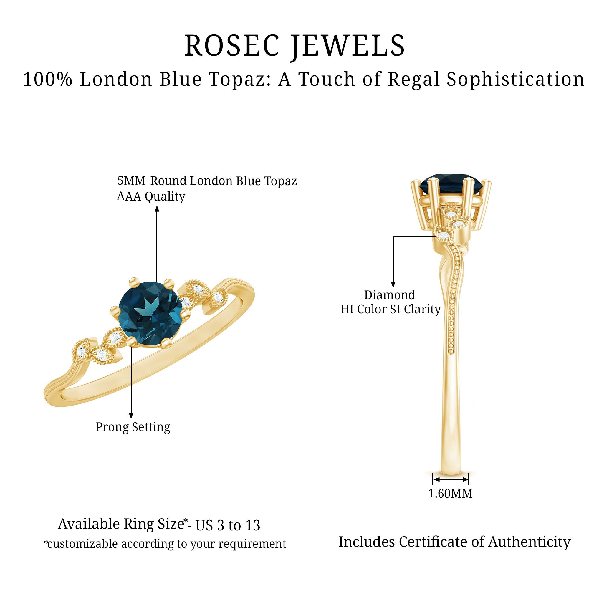 5mm Round London Blue Topaz Commitment Ring with Diamond
