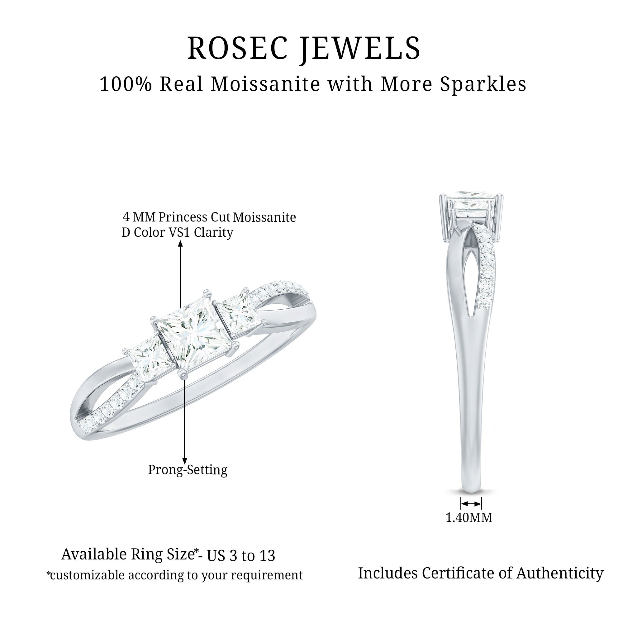 Princess Cut Moissanite Three Stone Engagement Ring