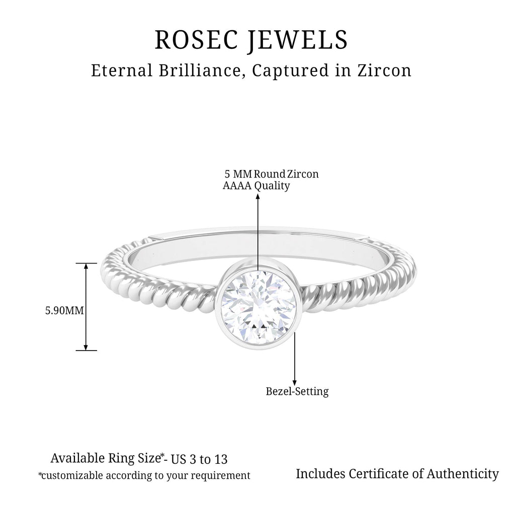 1/2 CT Bezel Set Zircon Solitaire Minimal Ring with Twisted Rope Details