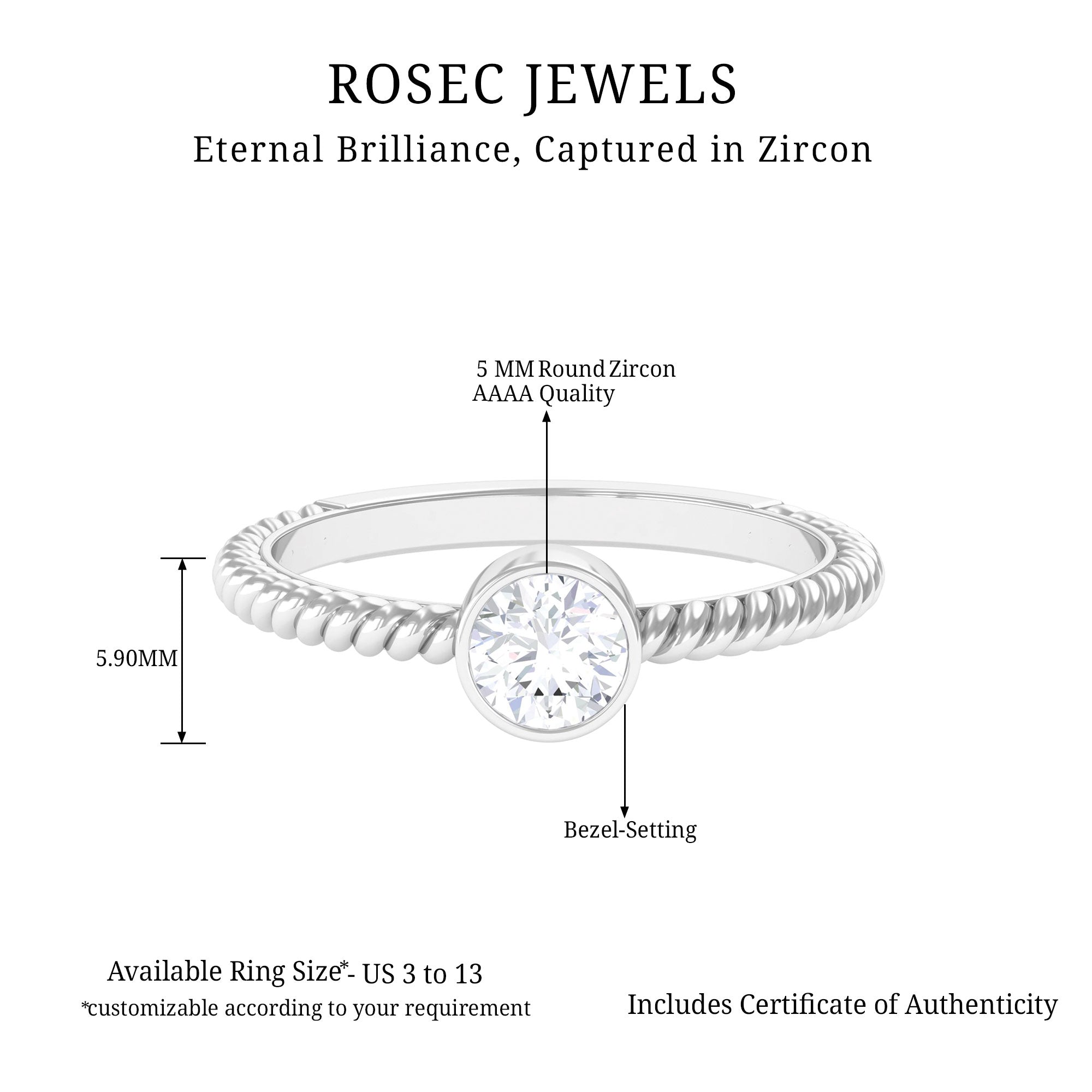 1/2 CT Bezel Set Zircon Solitaire Minimal Ring with Twisted Rope Details