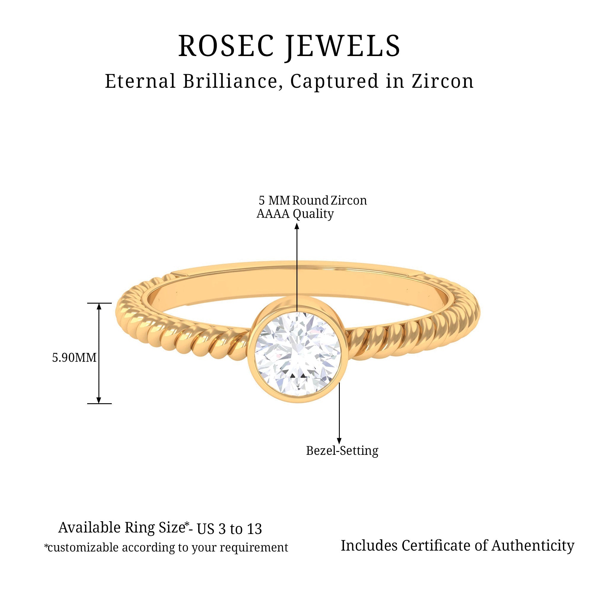 1/2 CT Bezel Set Zircon Solitaire Minimal Ring with Twisted Rope Details