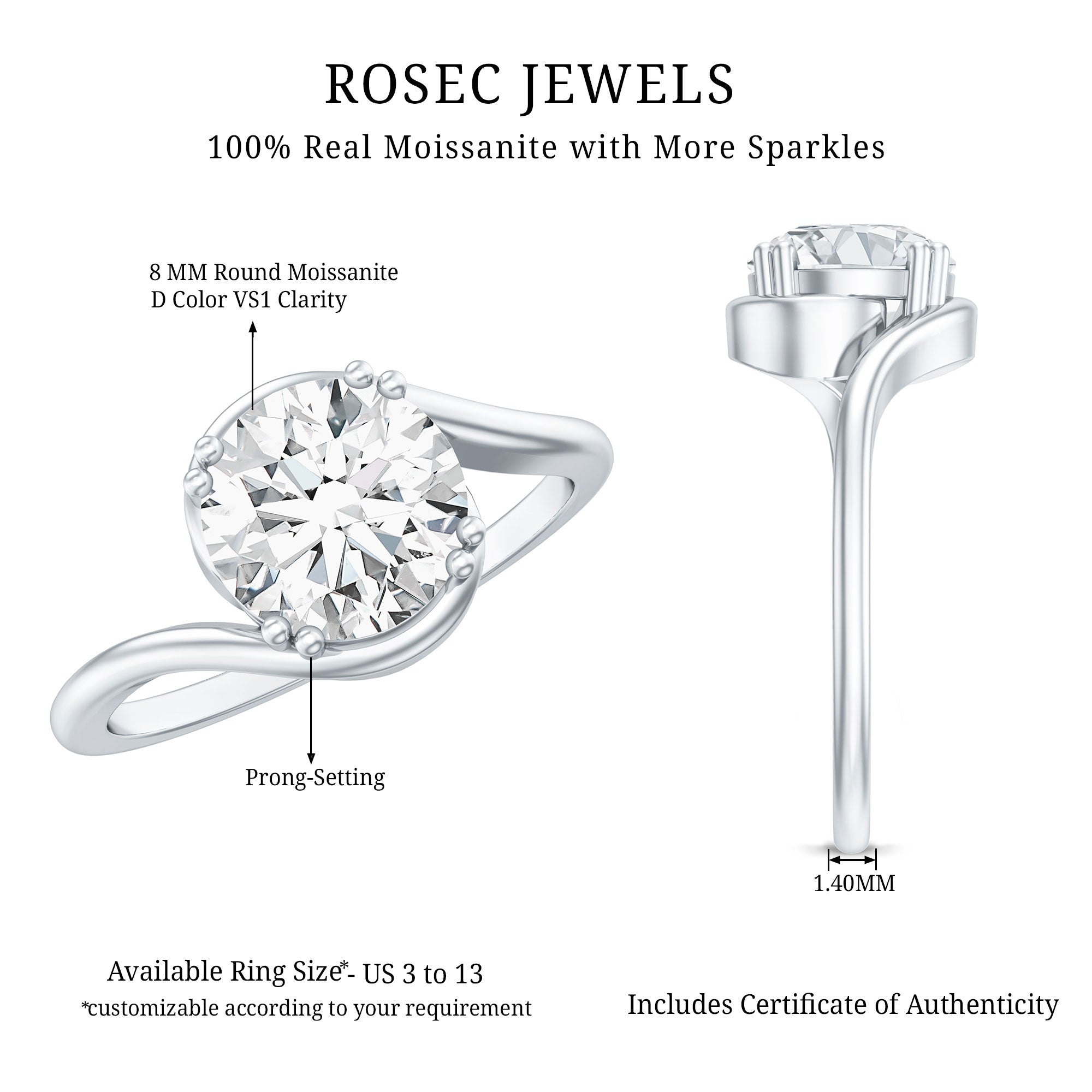 2 CT Round Moissanite Bypass Engagement Ring in Gold