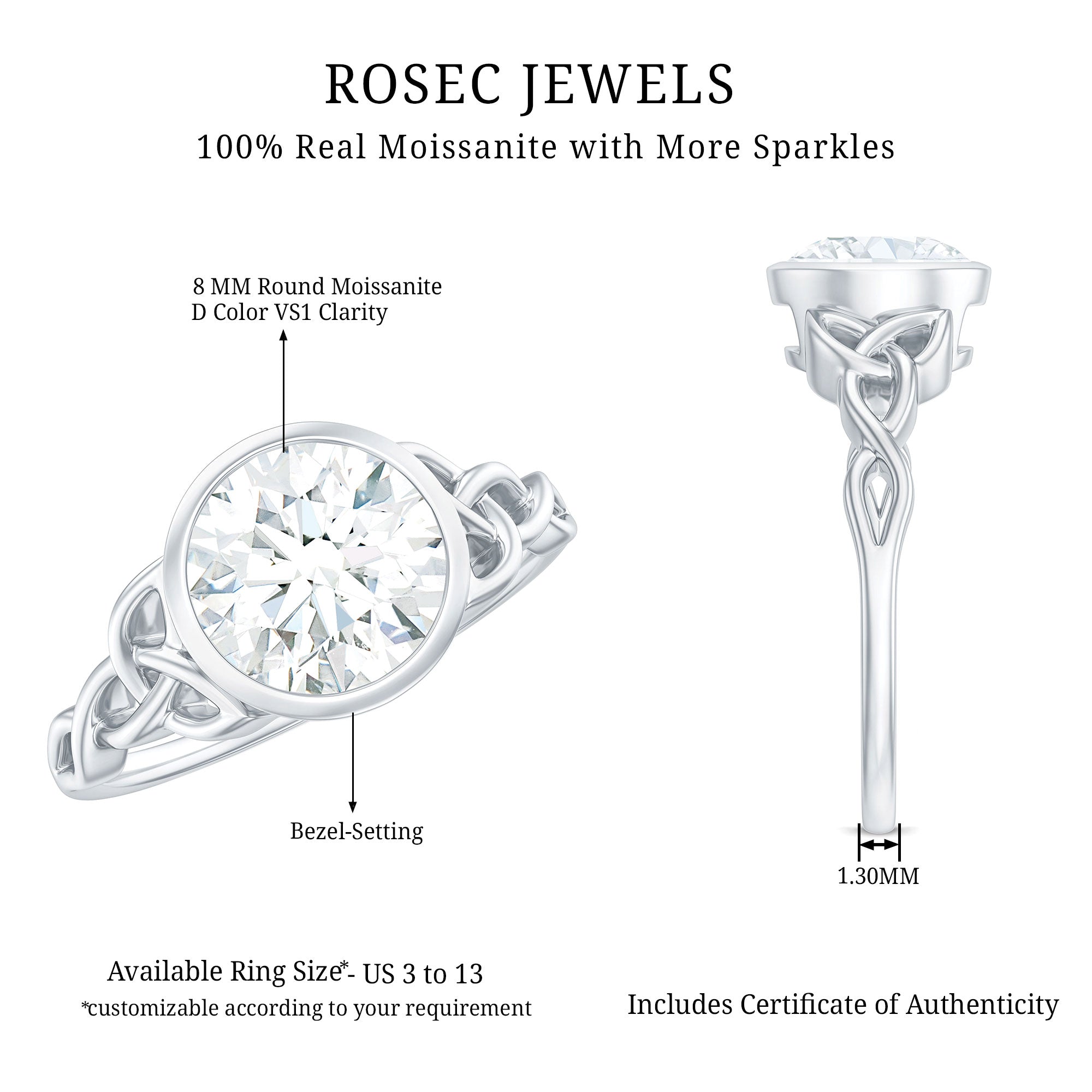 Solitaire Moissanite Celtic Knot Engagement Ring in Bezel Setting
