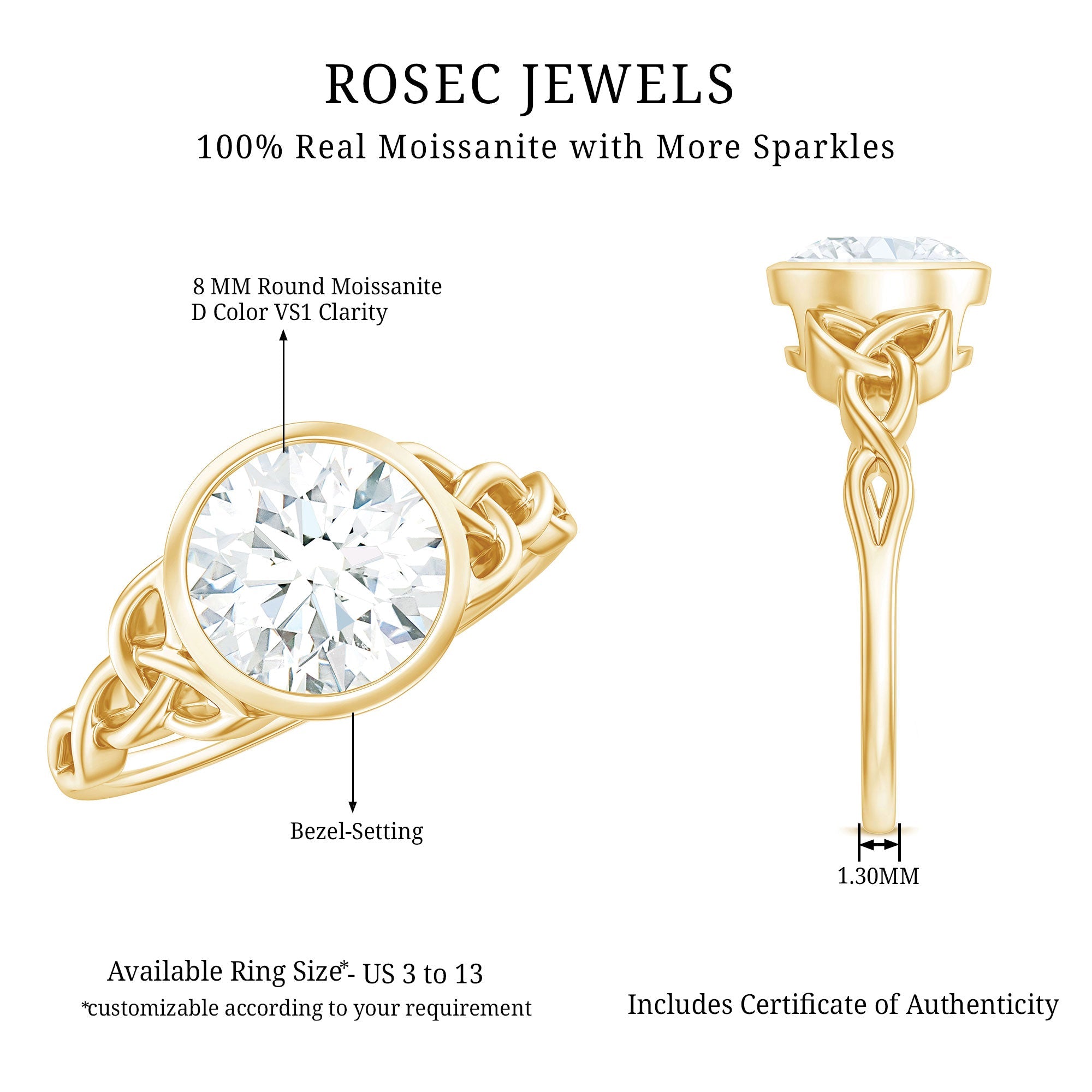 Solitaire Moissanite Celtic Knot Engagement Ring in Bezel Setting