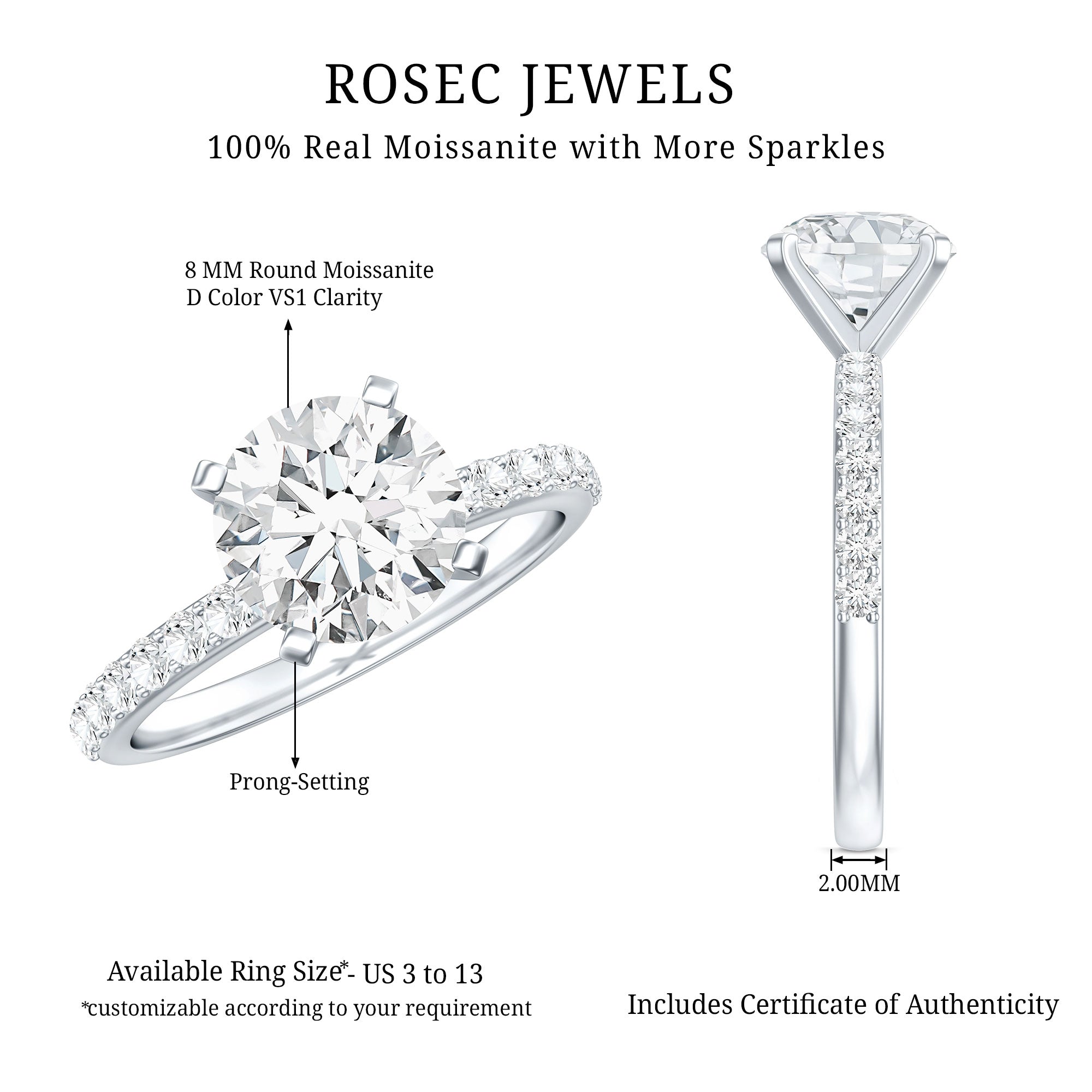 Certified 2 Carat Moissanite Solitaire Engagement Ring in Silver