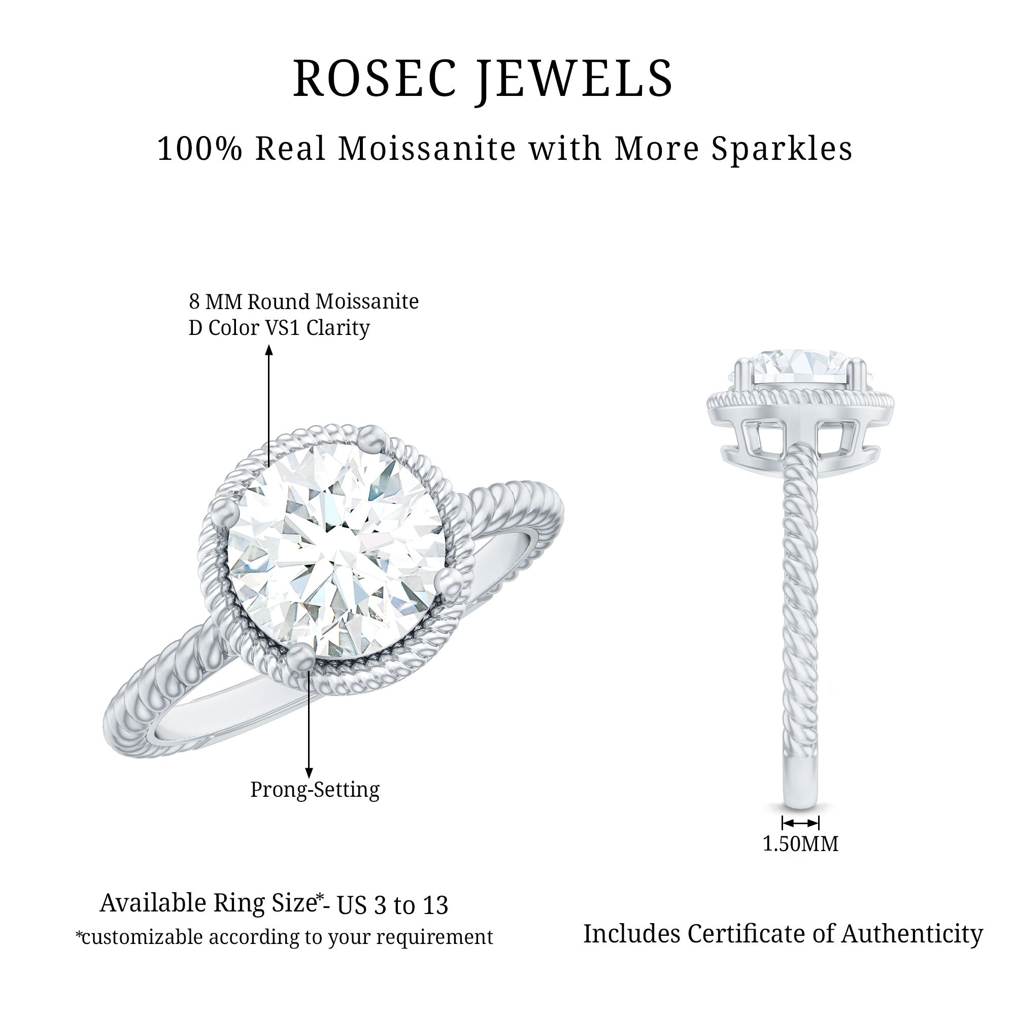 2 CT Solitaire Moissanite Engagement Ring in Split Shank