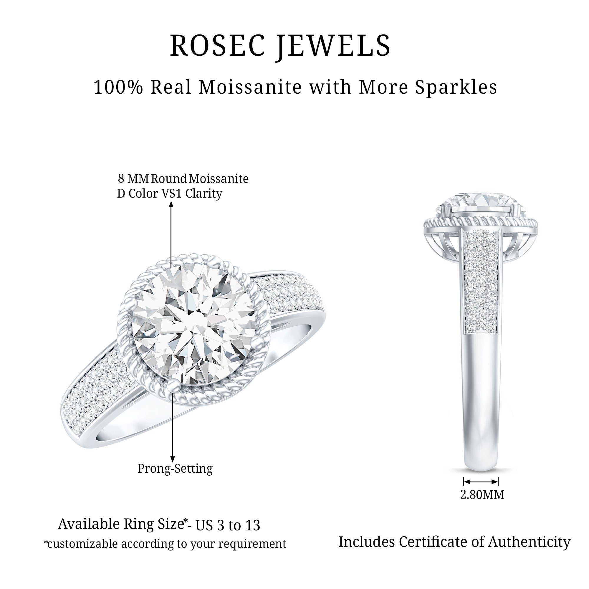 8 MM Moissanite Round Cut Engagement Ring With Side Stones