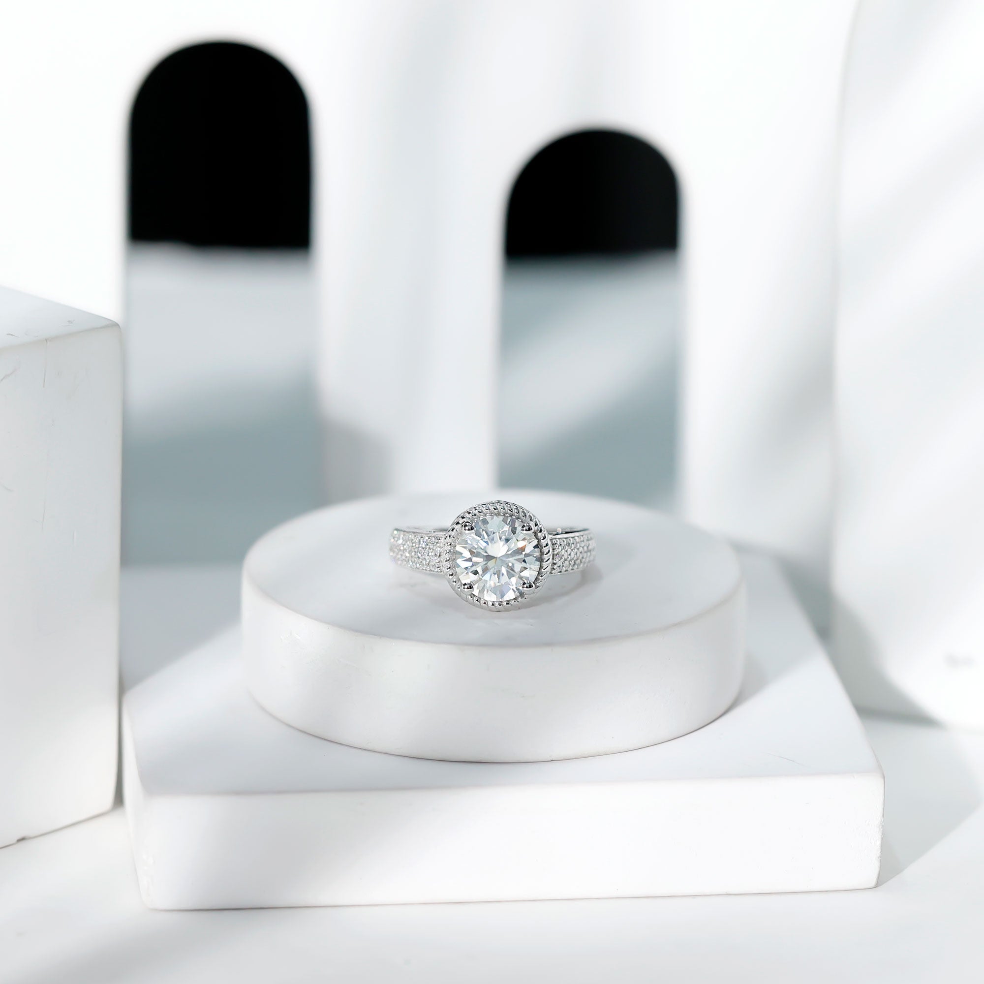 8 MM Moissanite Round Cut Engagement Ring With Side Stones