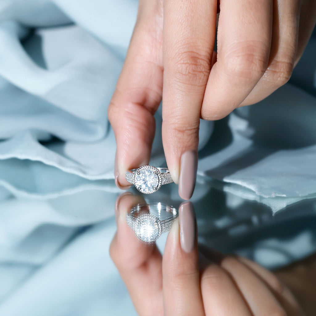 8 MM Moissanite Round Cut Engagement Ring With Side Stones