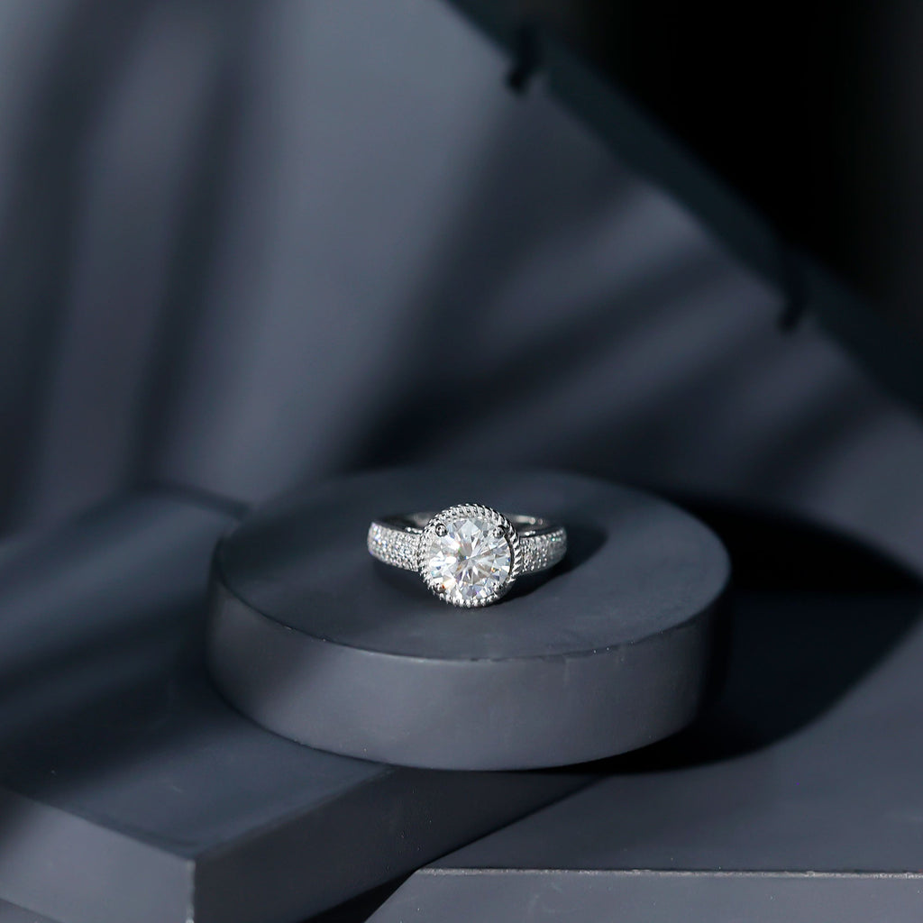 8 MM Moissanite Round Cut Engagement Ring With Side Stones
