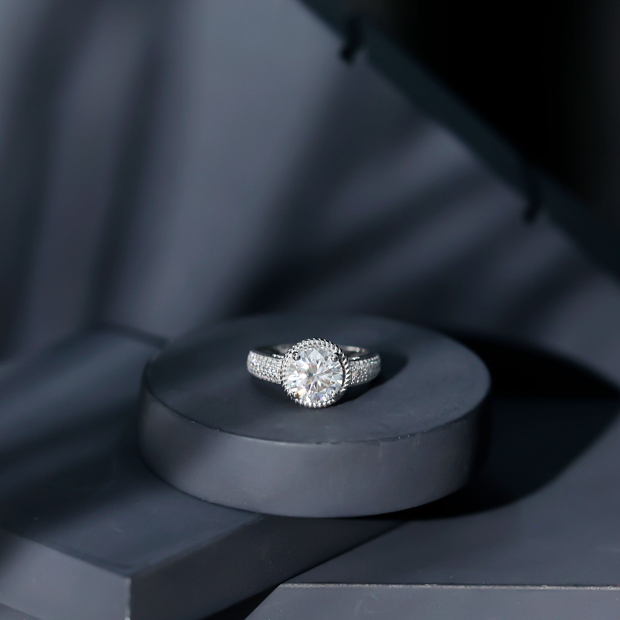 8 MM Moissanite Round Cut Engagement Ring With Side Stones