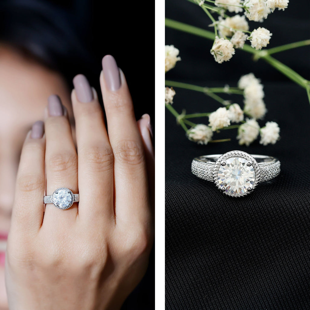 8 MM Moissanite Round Cut Engagement Ring With Side Stones