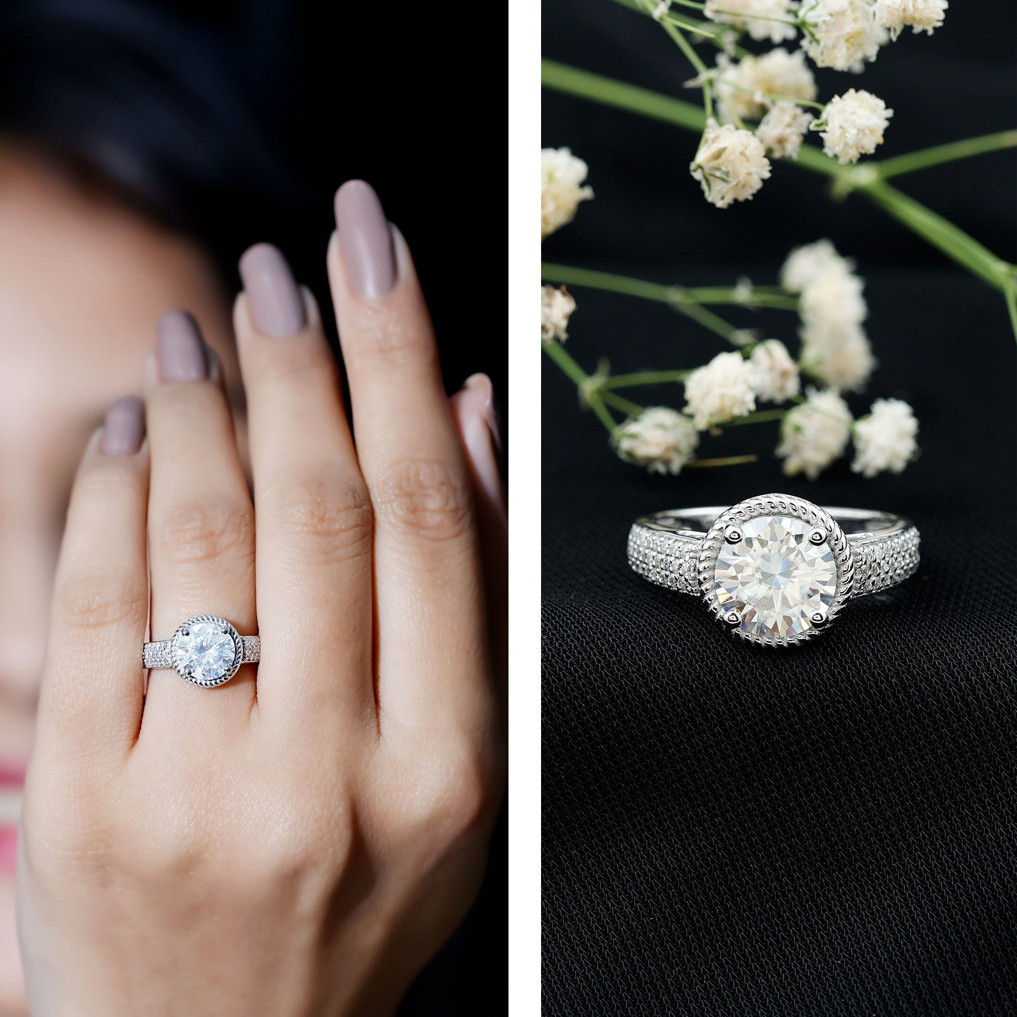 8 MM Moissanite Round Cut Engagement Ring With Side Stones