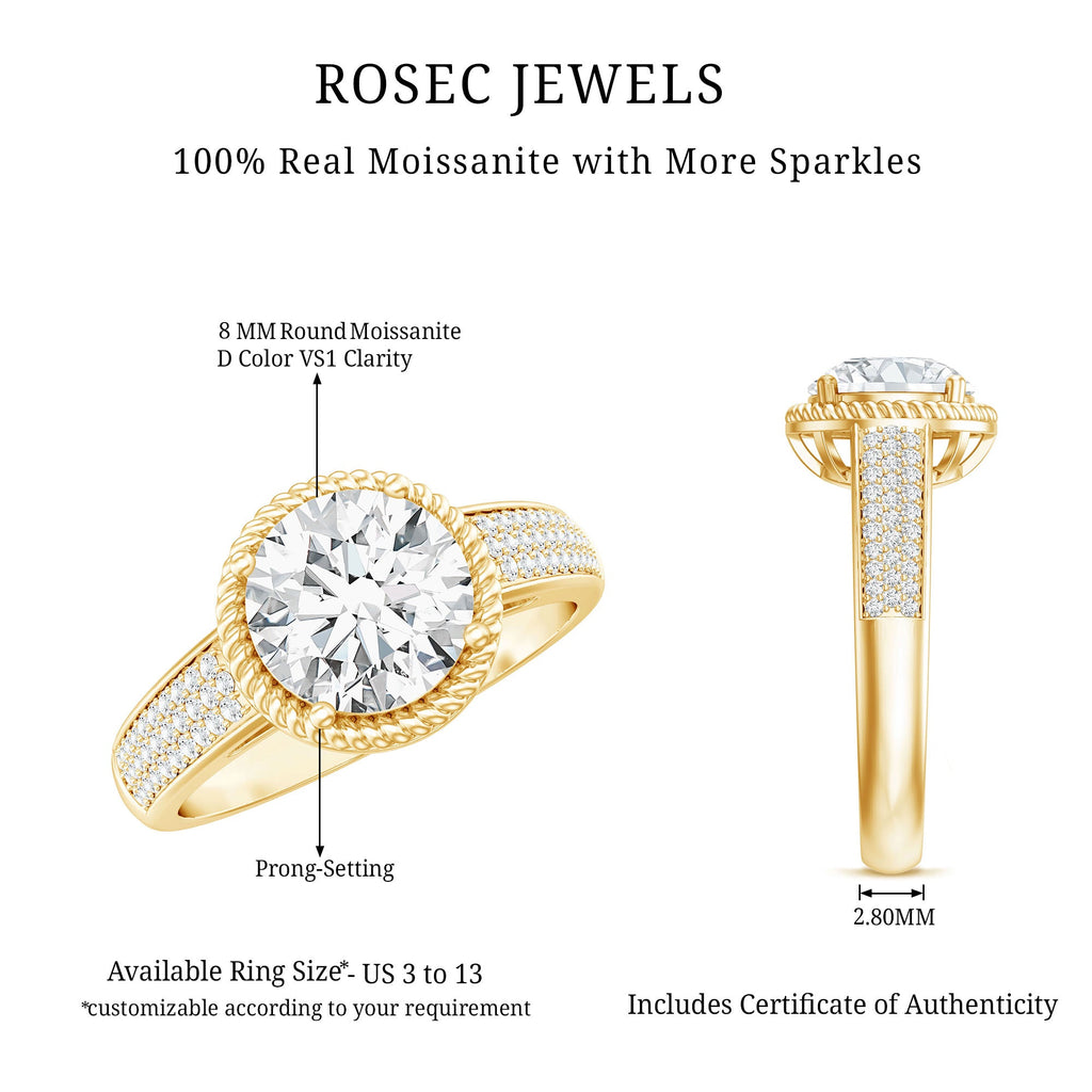 8 MM Moissanite Round Cut Engagement Ring With Side Stones