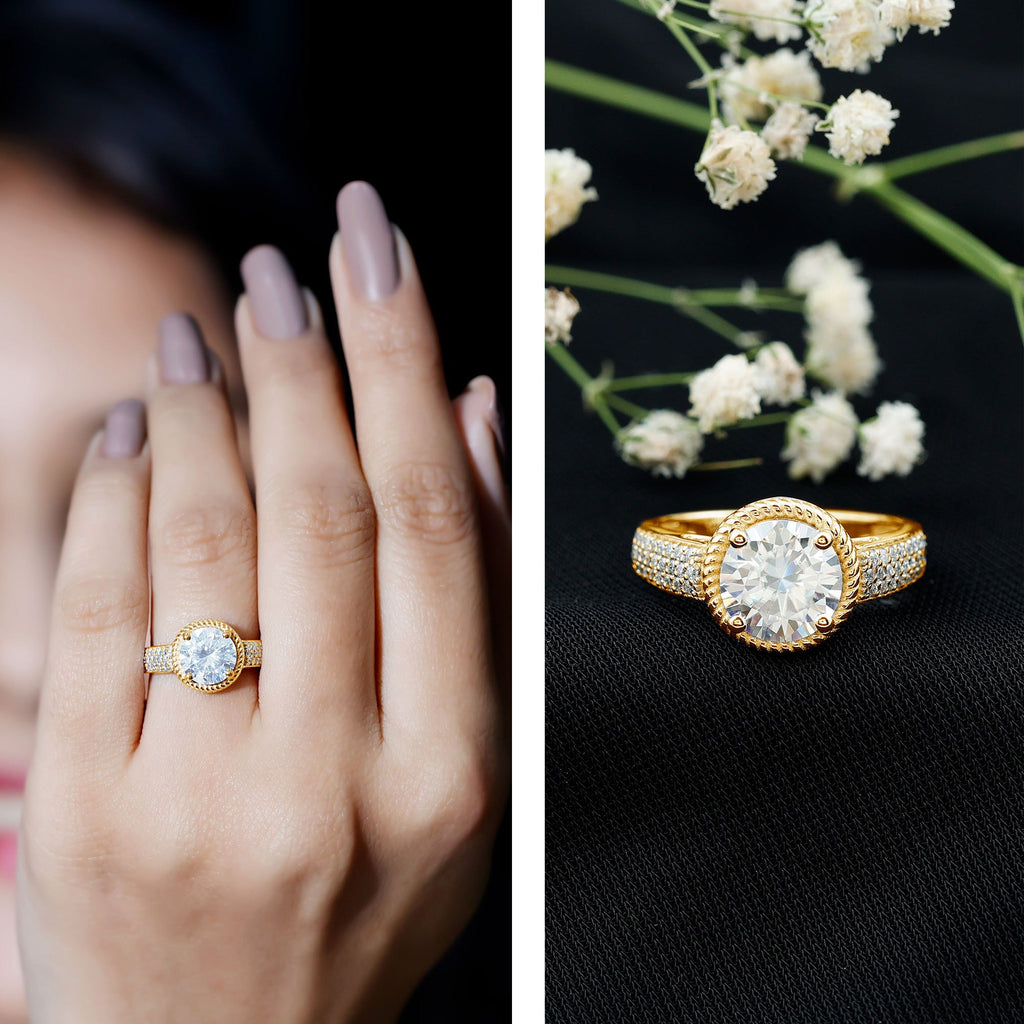 8 MM Moissanite Round Cut Engagement Ring With Side Stones