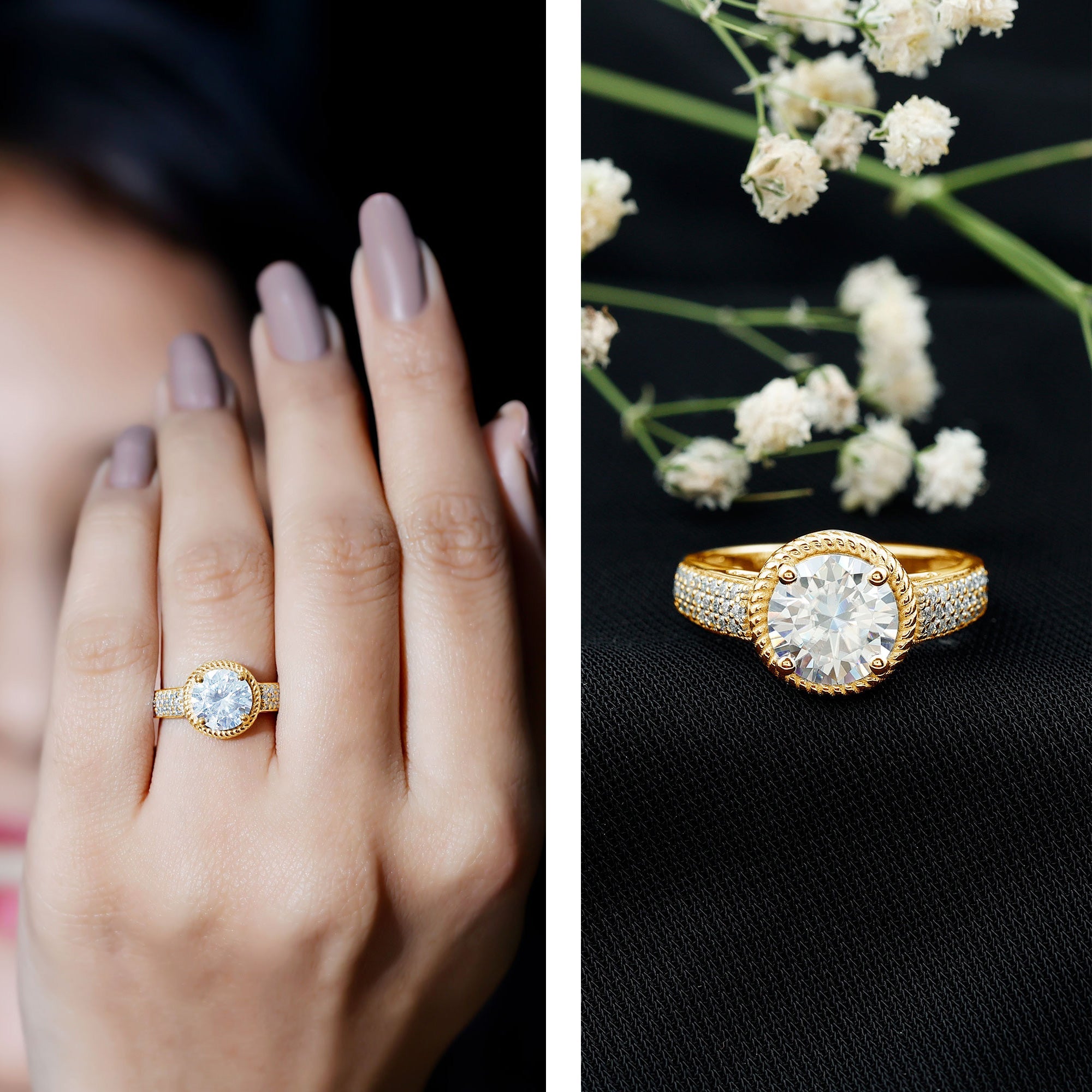 8 MM Moissanite Round Cut Engagement Ring With Side Stones