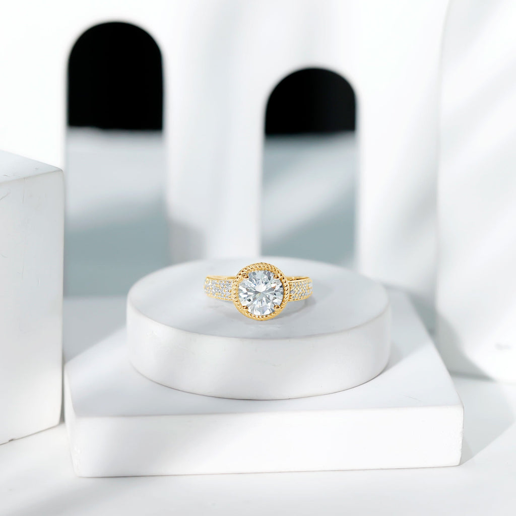 8 MM Moissanite Round Cut Engagement Ring With Side Stones