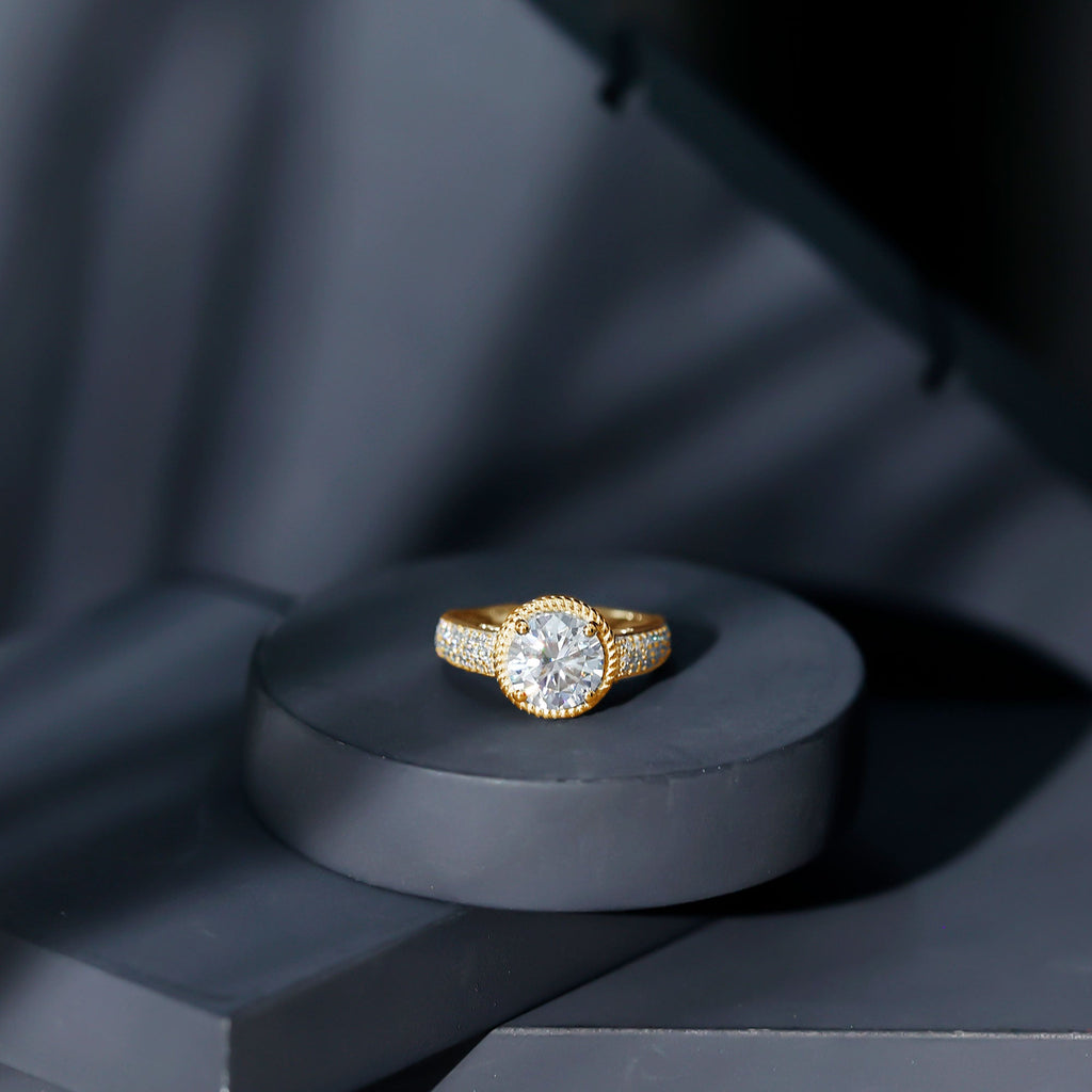 8 MM Moissanite Round Cut Engagement Ring With Side Stones