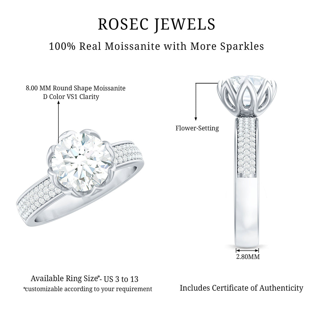 Lotus Basket Set Moissanite Engagement Ring with Side Stones