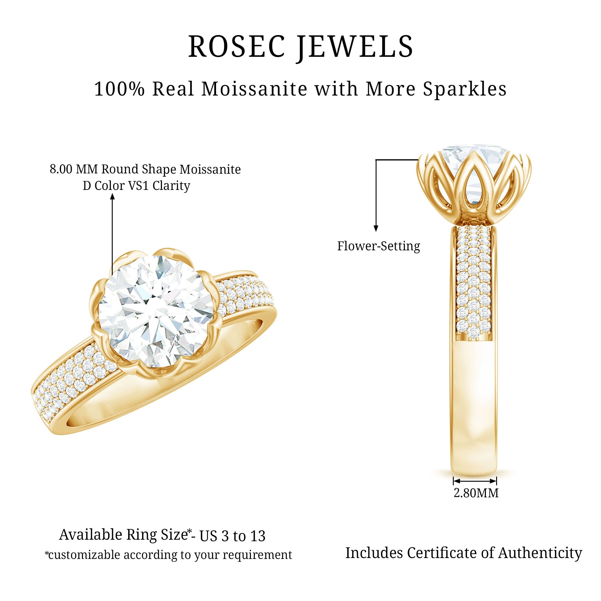 Lotus Basket Set Moissanite Engagement Ring with Side Stones