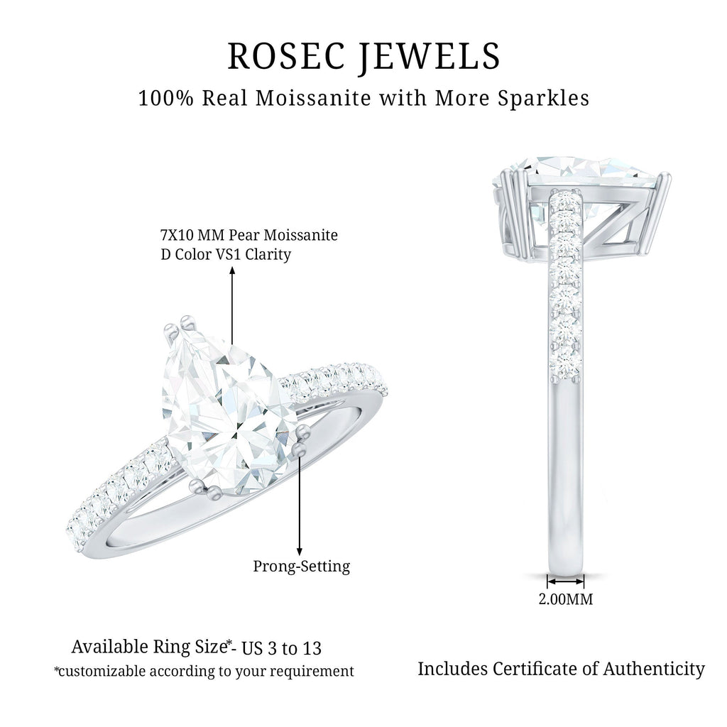 Certified 7X10 MM Moissanite Pear Shaped Engagement Ring